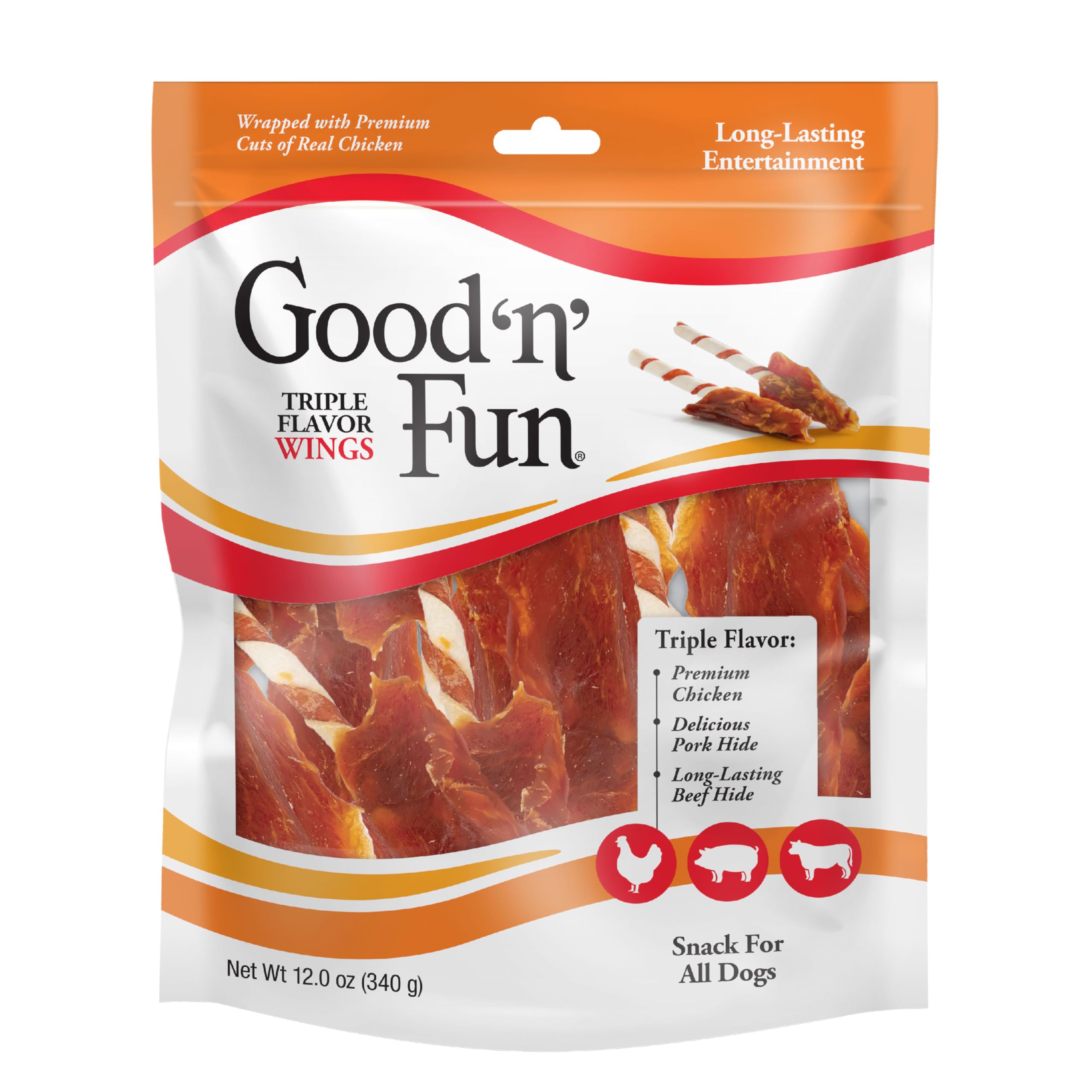 Good n Fun Triple Flavor Wings Chews for All Dogs, Treat Your Dog to LongLasting Chews Made with Chicken, Pork Hide and Beef Hi
