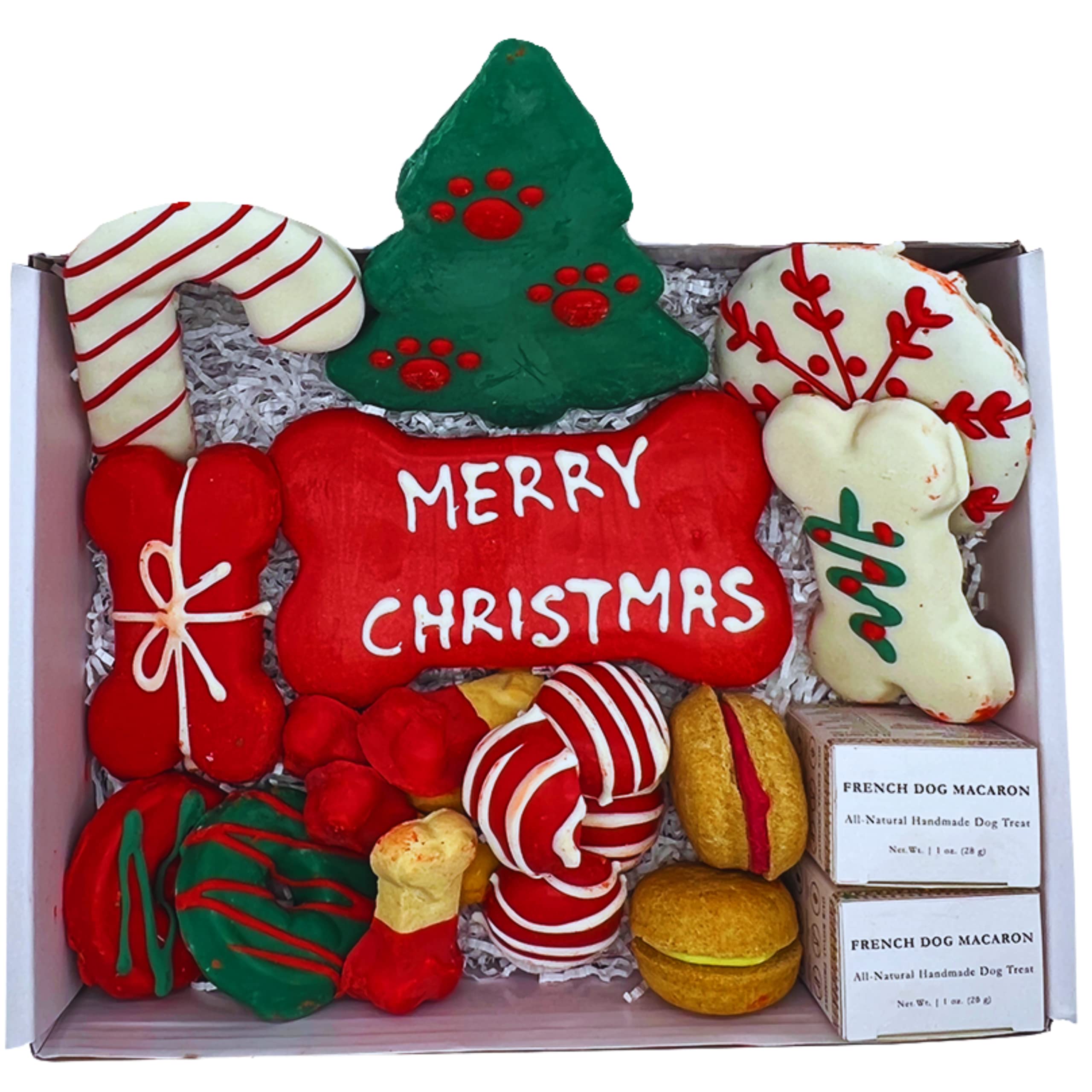 Bonne et Filou Christmas Dog Treats, Luxury Gourmet Gift Box, 18 Hand Designed Macarons, Truffles & Bone Cookies, Perfect Holida