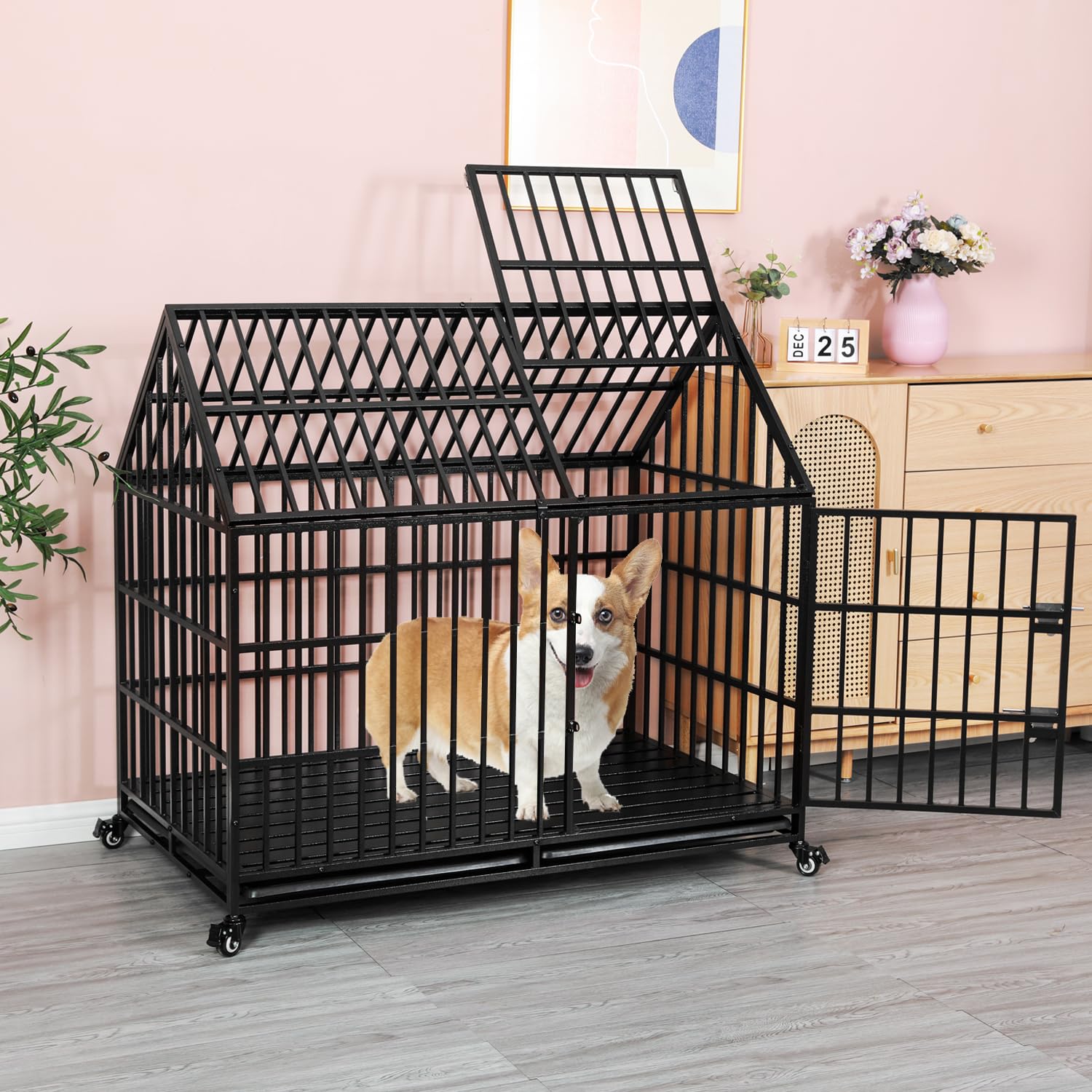 Ufyerutg 50'' Indestructible Heavy Duty Dog Crate, Escape Proof Strong Steel Impact Pet Cage For Extra Large Giant Dogs, High An