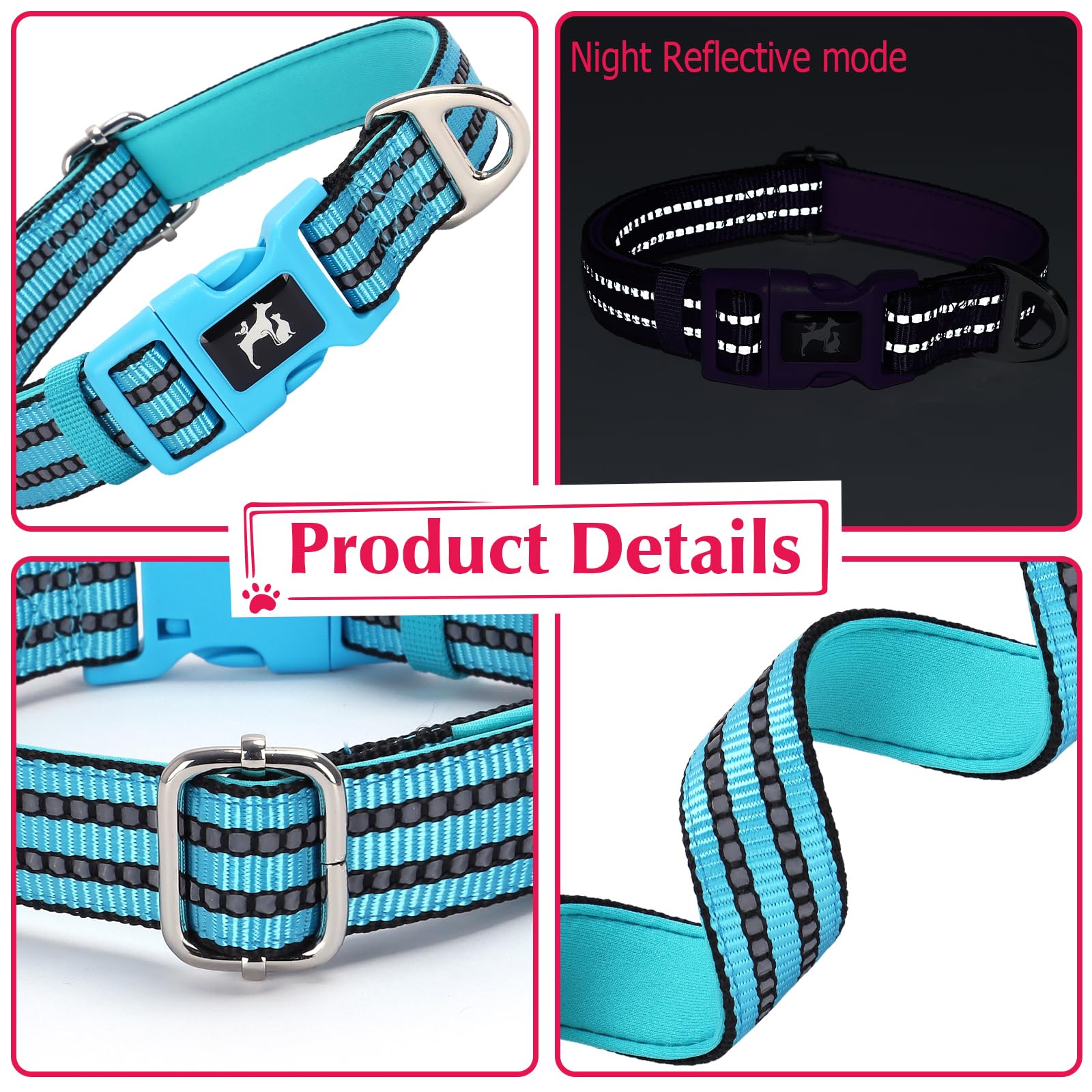 Onefojojo Reflective Large Dog Collar - Adjustable Padded Comfort With Heavy-Duty Metal D-Ring, Night Safety Collar For Big Bree