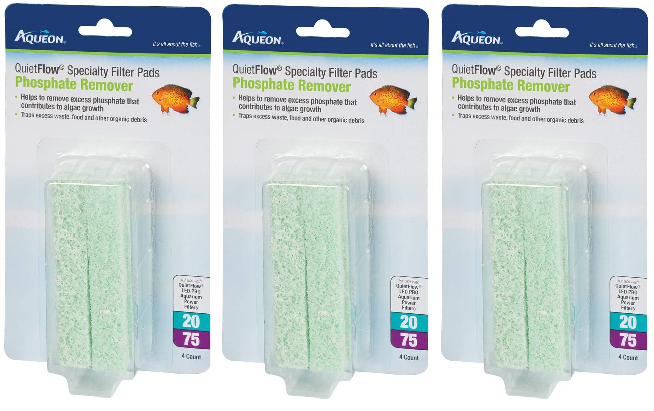 Aqueon QuietFlow Phosphate Remover Specialty Filter Pads, Size 20/75, 4 Pads Per Pack (12 Count)