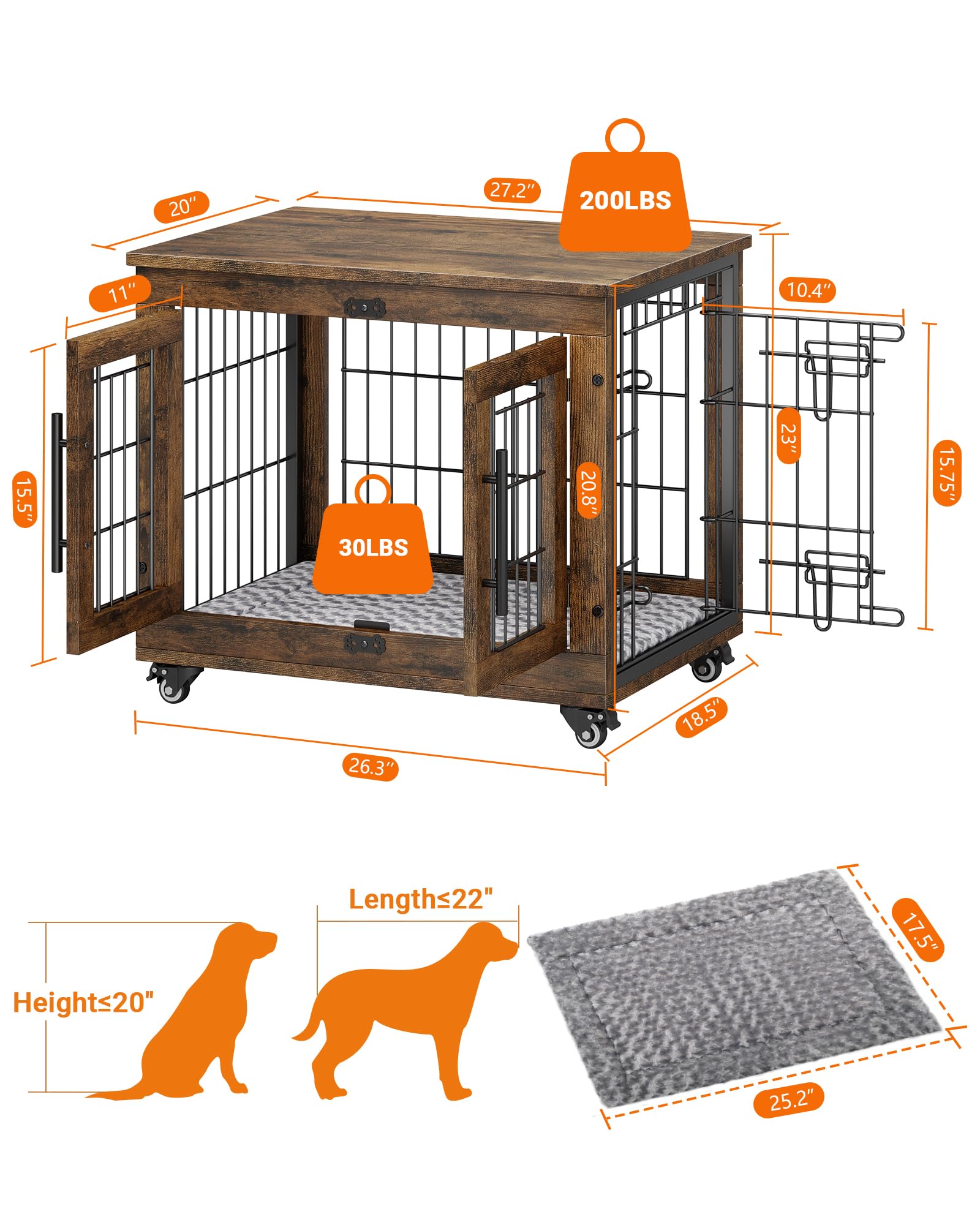YaFiti Dog Crate Furniture with Cushion, Wooden Indoor Kennel, 27.2" L, Rustic Brown, Set of 2 with Double Doors and Wheels