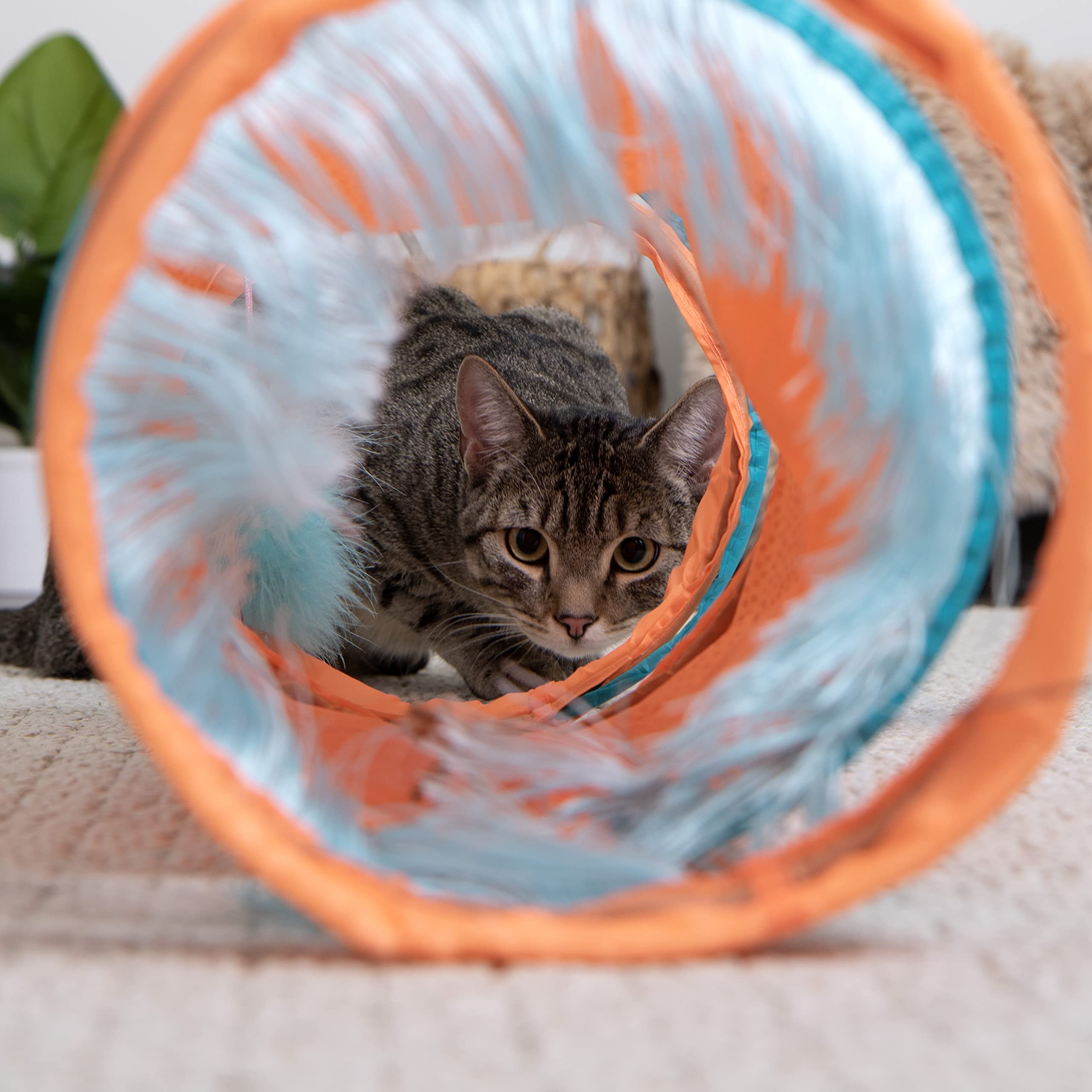 Instincts By Smartykat Teaser Tunnel Activity Tunnel Cat Toy W/Fringe & Feather Teaser Cat Toy - Orange, One Size