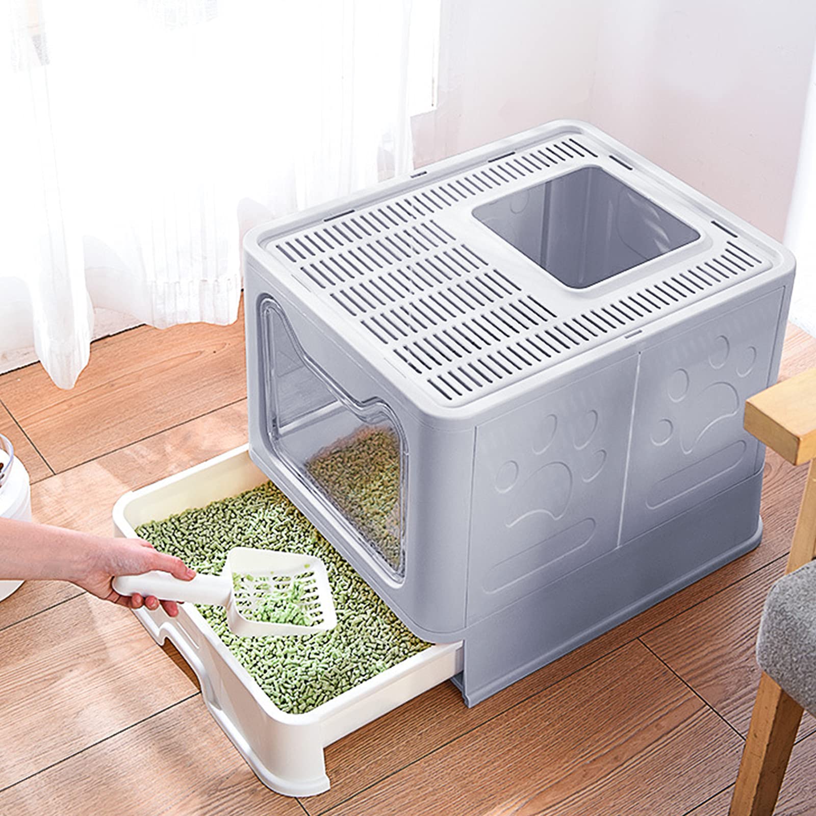Panghuhu88 Foldable Cat Litter Box With Lid, Large Top Entry Cat Toilet, Enclosed Cat Potty Include Cat Litter Scoop, Drawer Type Easy Clean Cat Litter Pan (Grey, 20' L X 16' W X 15' H)