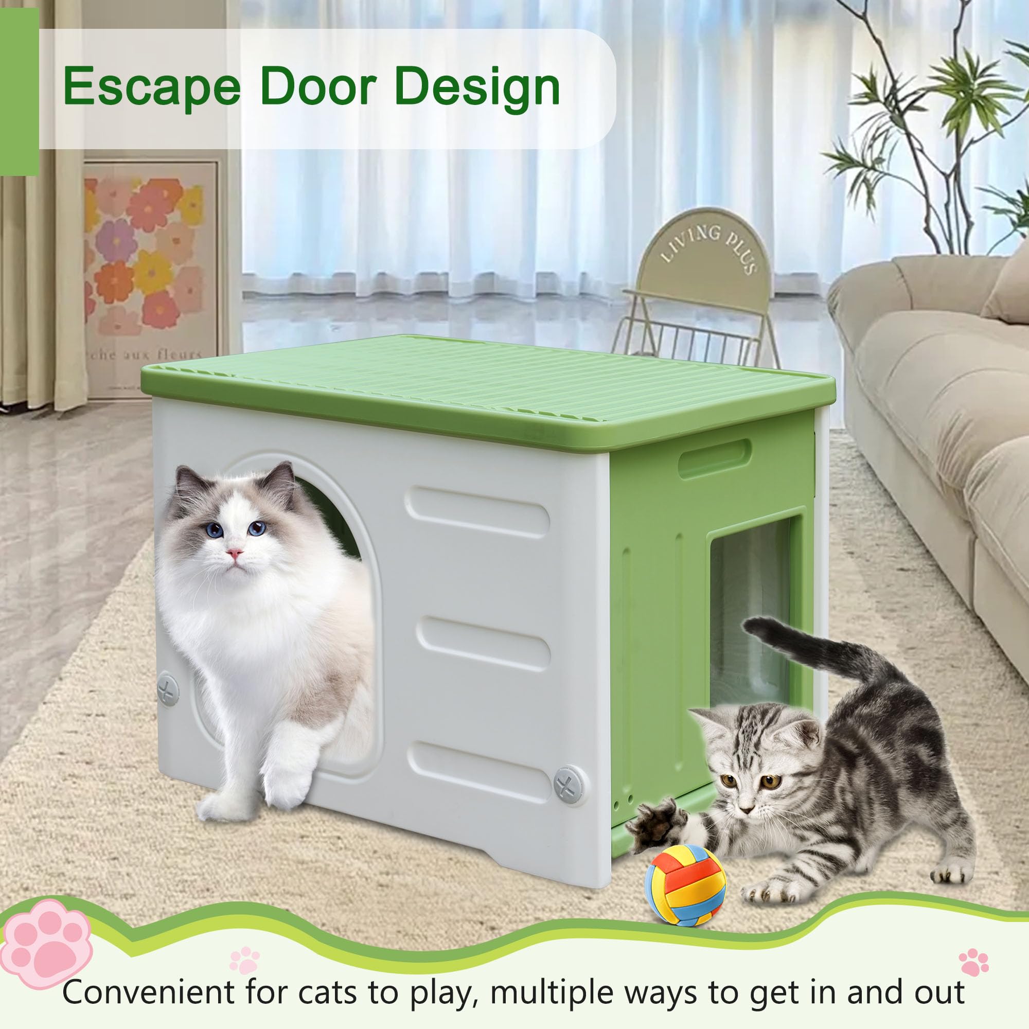 Rockever Plastic Cat House for Outdoor Cats, Waterproof with Escape Door, Green, Model RO4010, Includes Cat Bed Mat