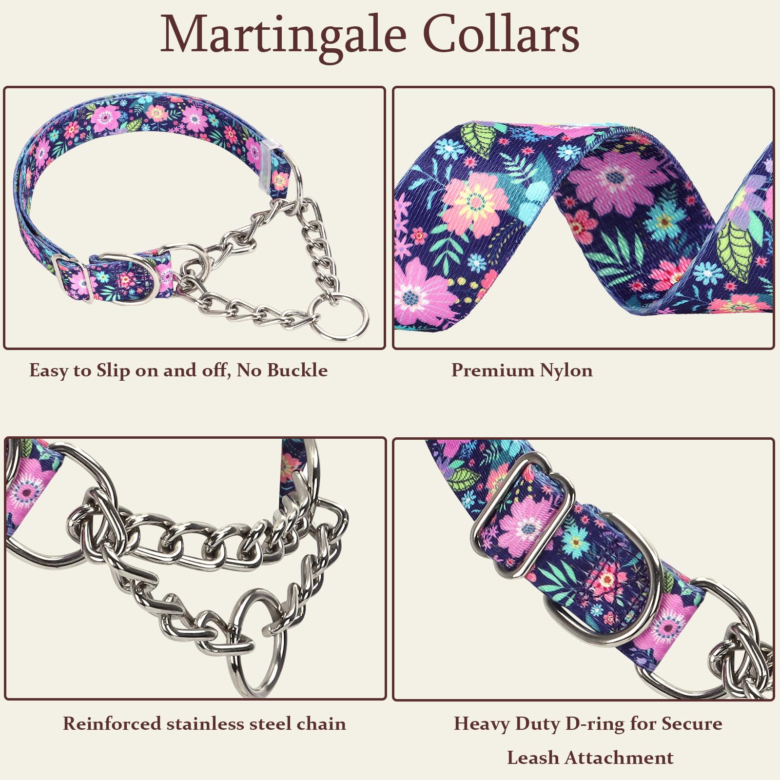 Martingale Collar For Dogs With Nylon & Steel Chain Limited Cinch Design, Bohemia Floral No Choke Dog Collar, Adjustable No Pull