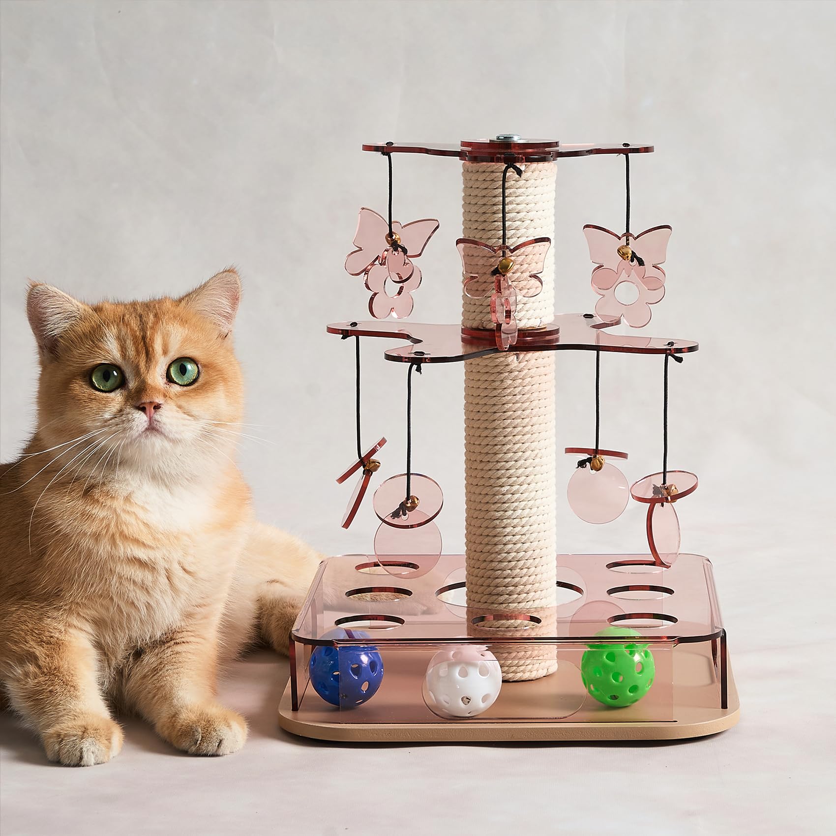 Kicari Modern 3-in-1 Interactive Cat Toy with Scratching Post, Cat Puzzle Toys for Indoor Cats with Colorful Jingle Balls, 2-Lay