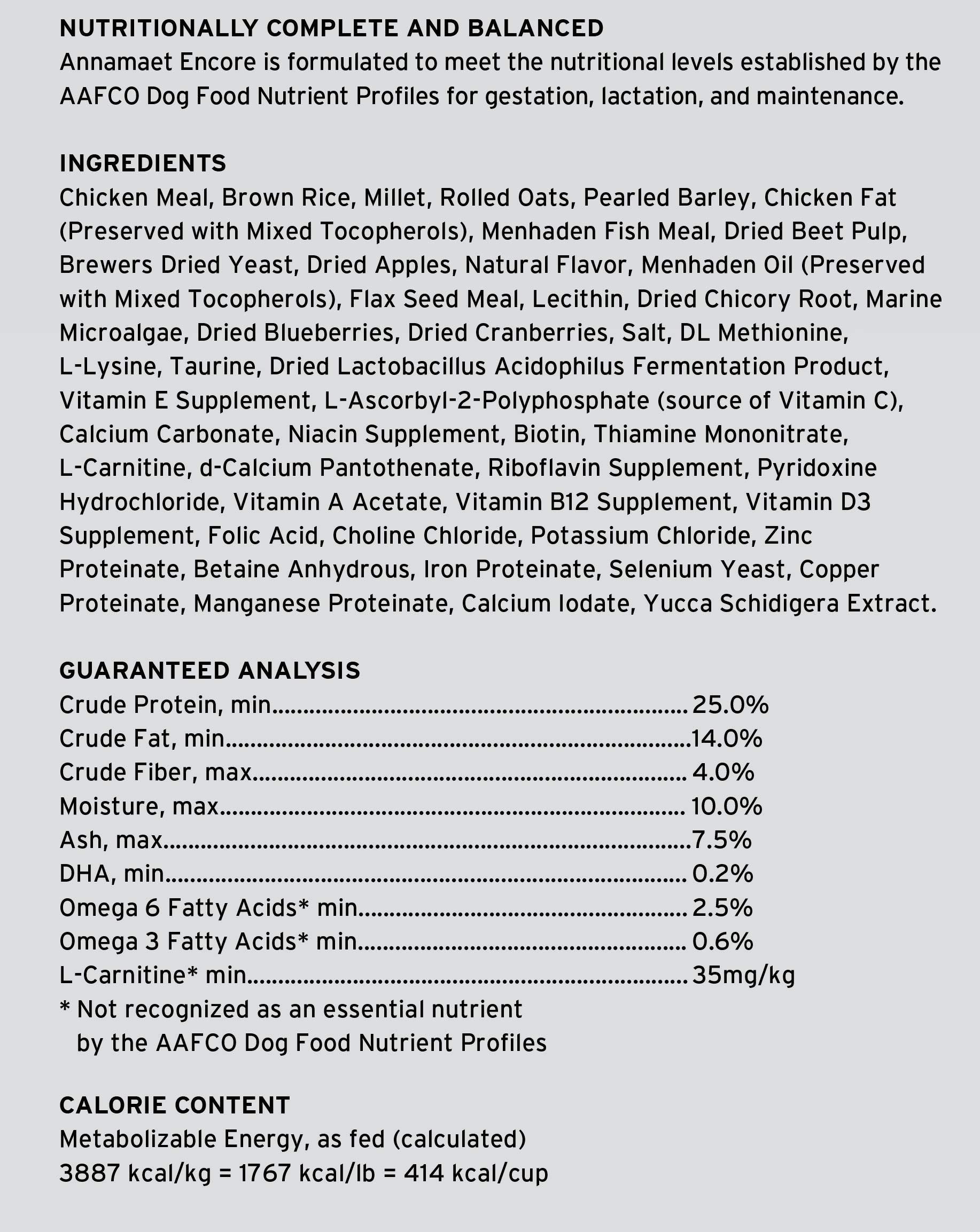Annamaet Original Encore Formula Dry Dog Food, 25% Protein (Chicken & Brown Rice), 25-lb Bag