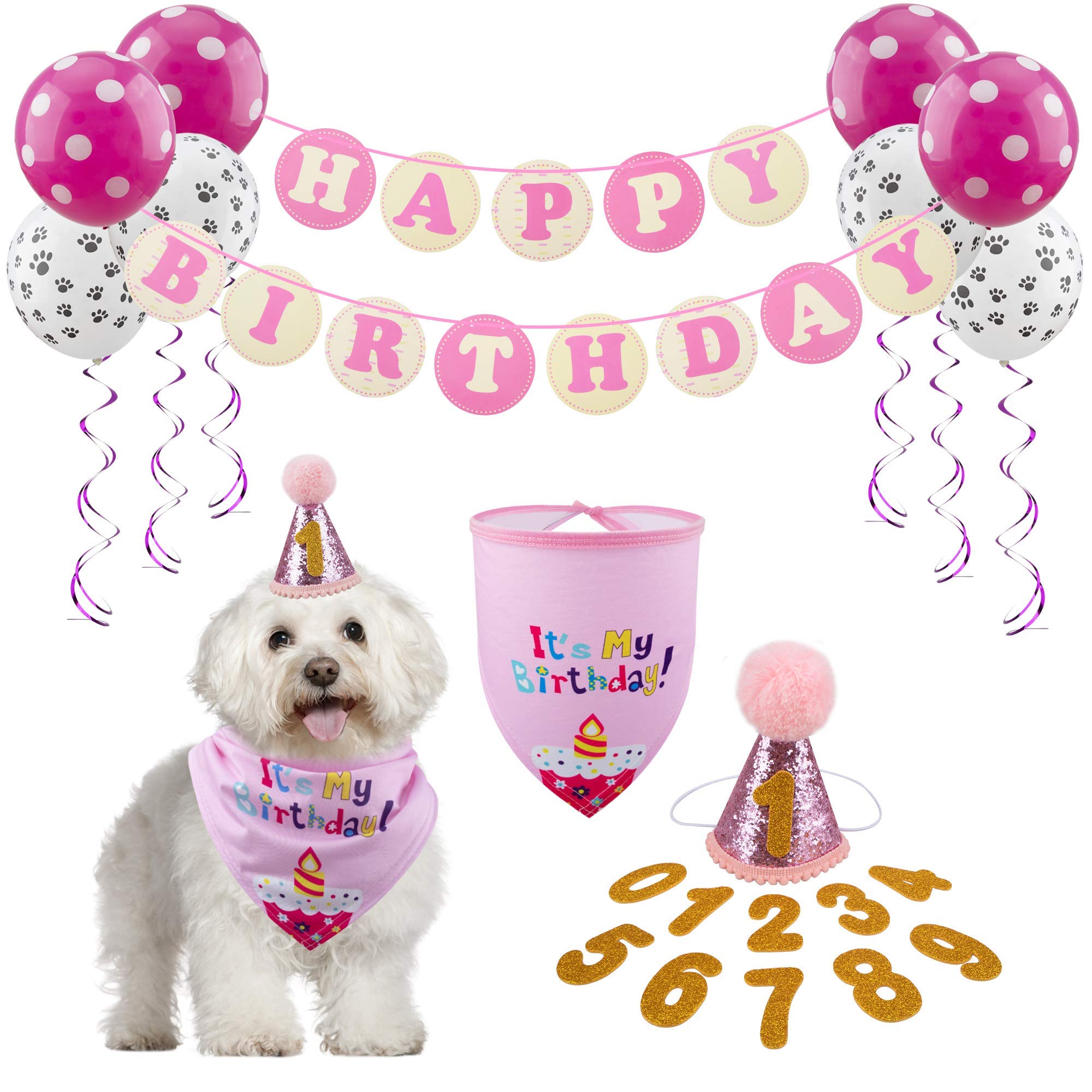 Gagiland Dog Birthday Party Supplies Bandana Hat Banner Set Dog Boy Girl Cute Bow Tie Scarf Birthday Decorations (Pink With Balloon)
