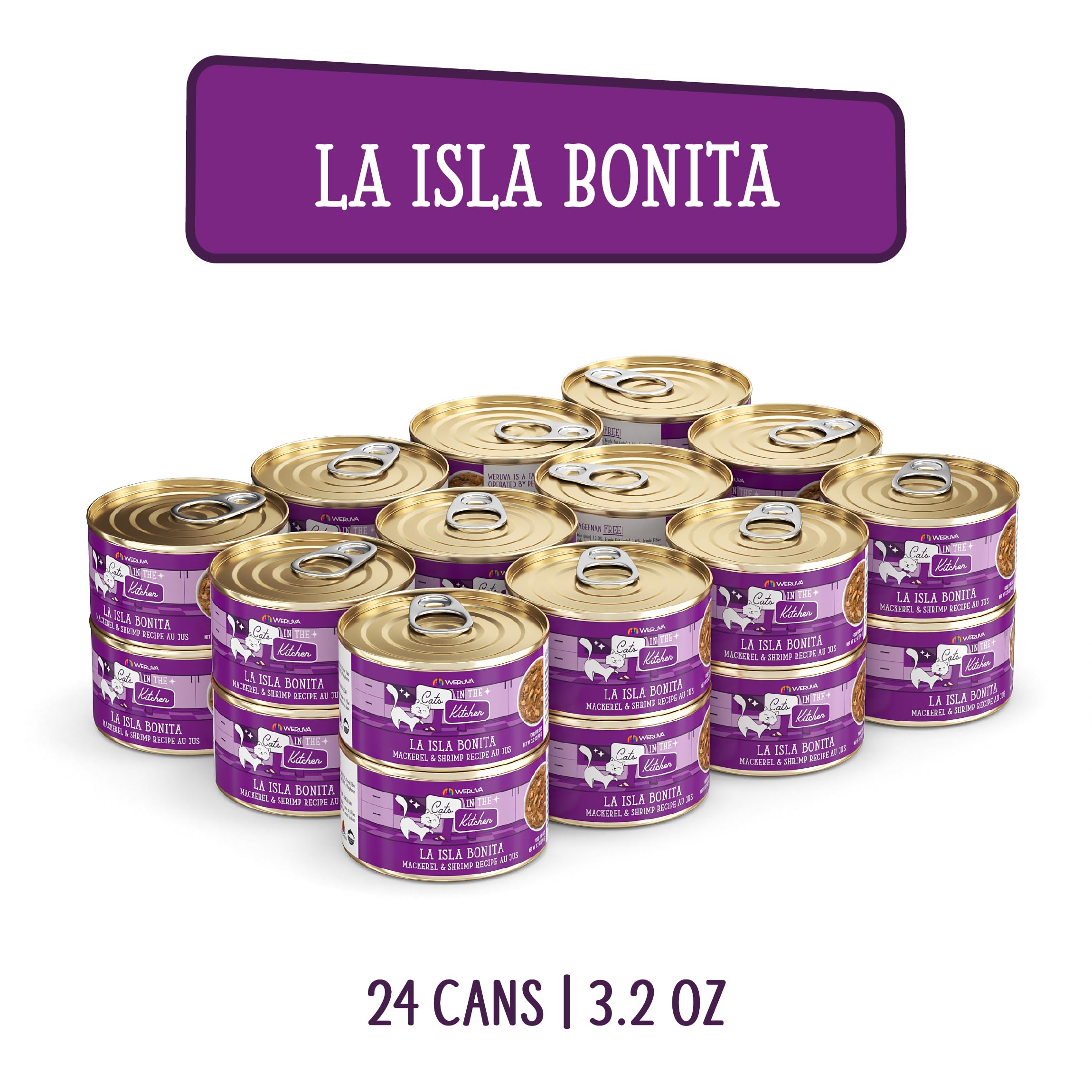 Weruva Cats in The Kitchen, La Isla Bonita with Mackerel & Shrimp Au Jus Cat Food, 3.2oz Can (Pack of 24)