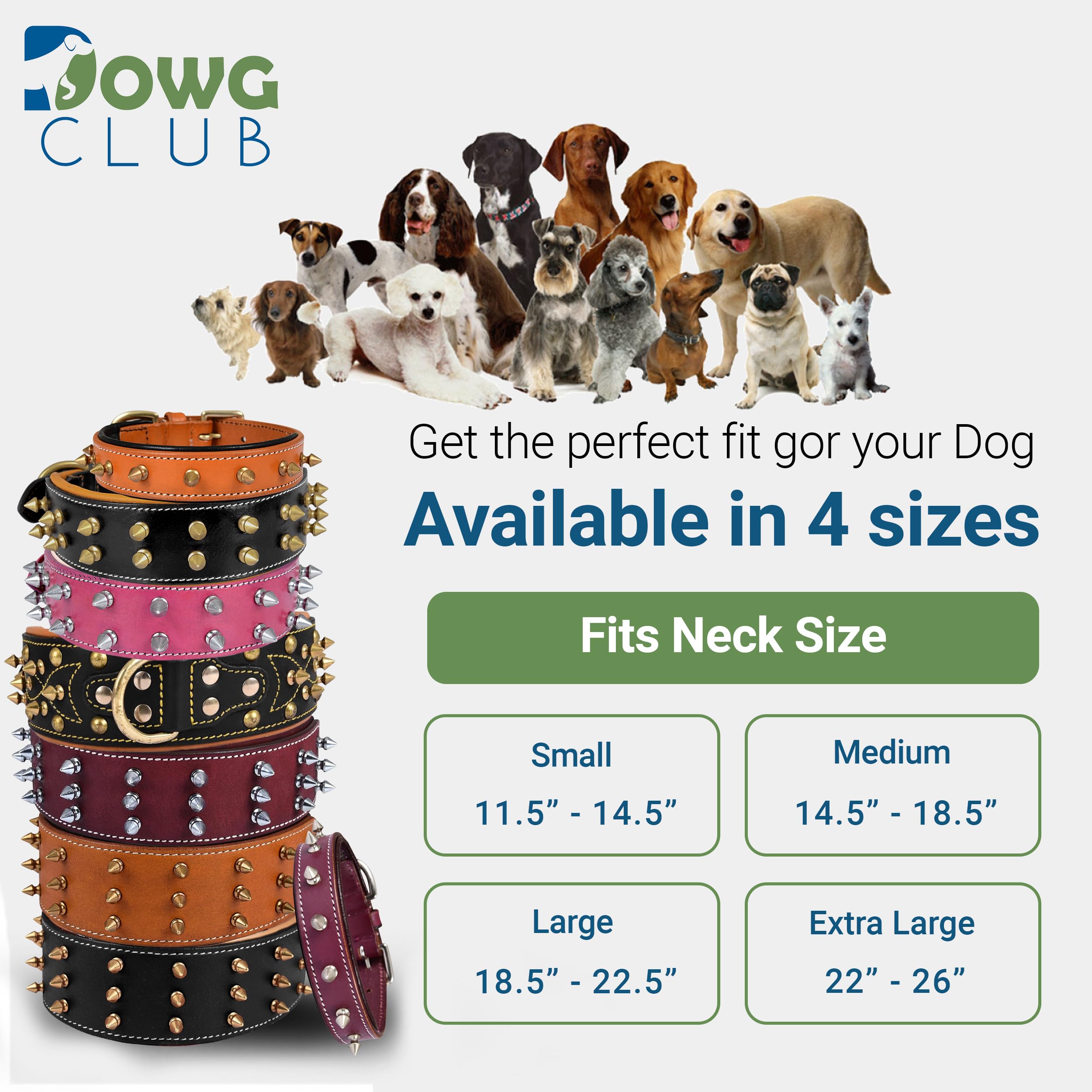 Dowgclub Spiked Leather Dog Collar - 2 Wide Full Grain Bridle Leather, Heavy Duty, Padded & Adjustable - For Extra Large Breed