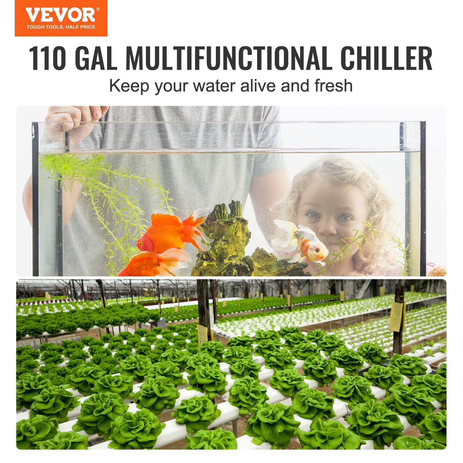VEVOR Aquarium Chiller, 110 Gal 416 L, 1/3 HP Hydroponic Water Chiller, Quiet Refrigeration Compressor for Seawater and Fresh Wa