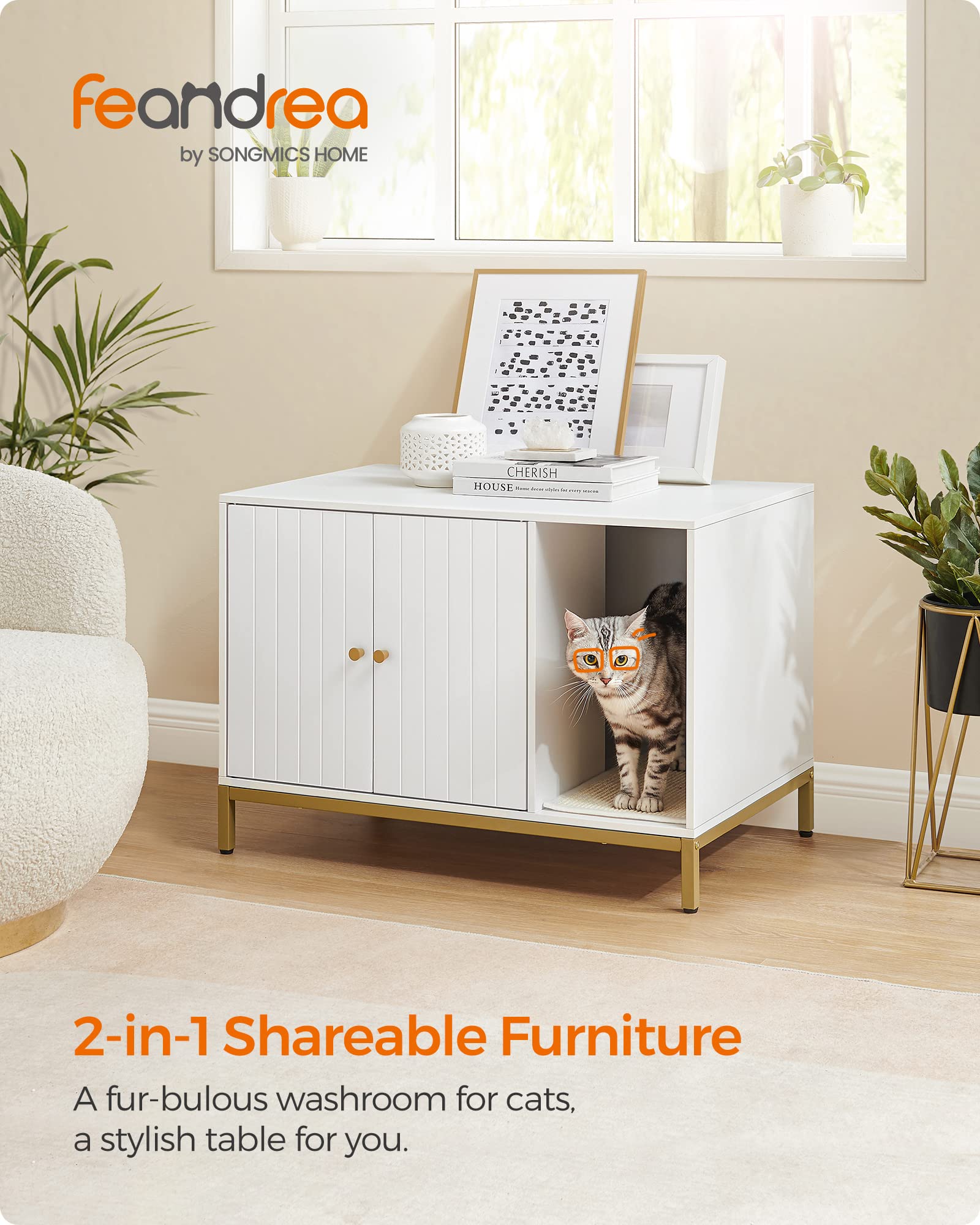 Feandrea Litter Box Enclosure, Modern Cat Litter Box Furniture With Scratching Mat, Cat House For Indoor Cats, Side End Table, 31.5 X 19.7 X 21.7 Inches, Simply White And Metallic Gold Upcl007W01