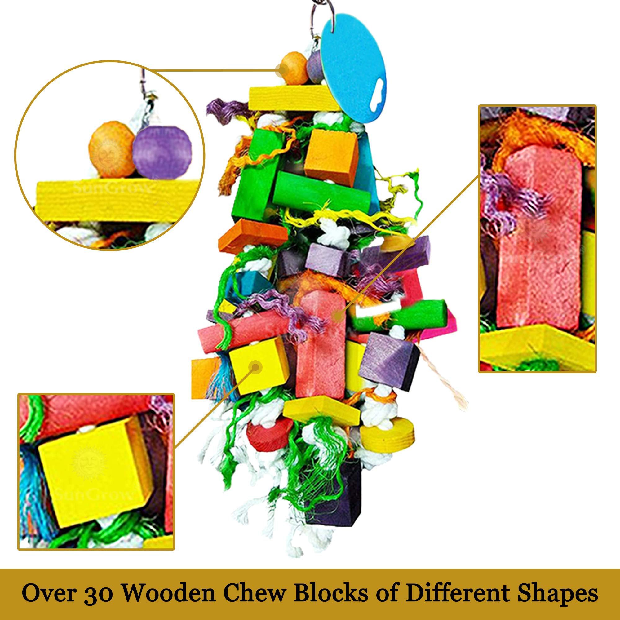 Sungrow Parrot Wooden And Rope Chewing Toy, Multi-Shaped And Multicolored Blocks And Cotton Rope With Hanging Loop