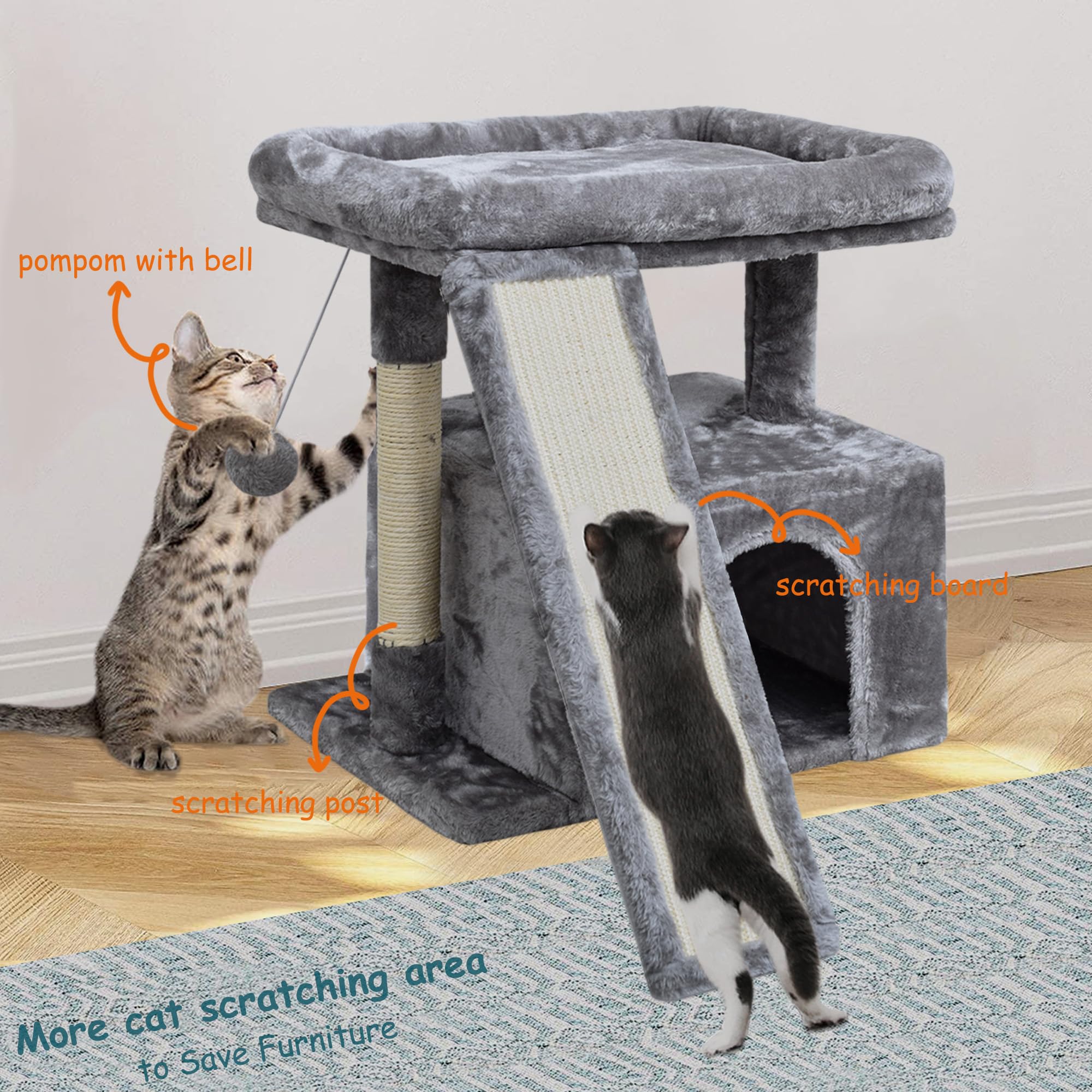 Siyipurr Small Cat Tree For Indoor Cats,Cat Tower With Cat Scratching Post And Board,Cat House With Cat Perch For Kitten, Cat Co