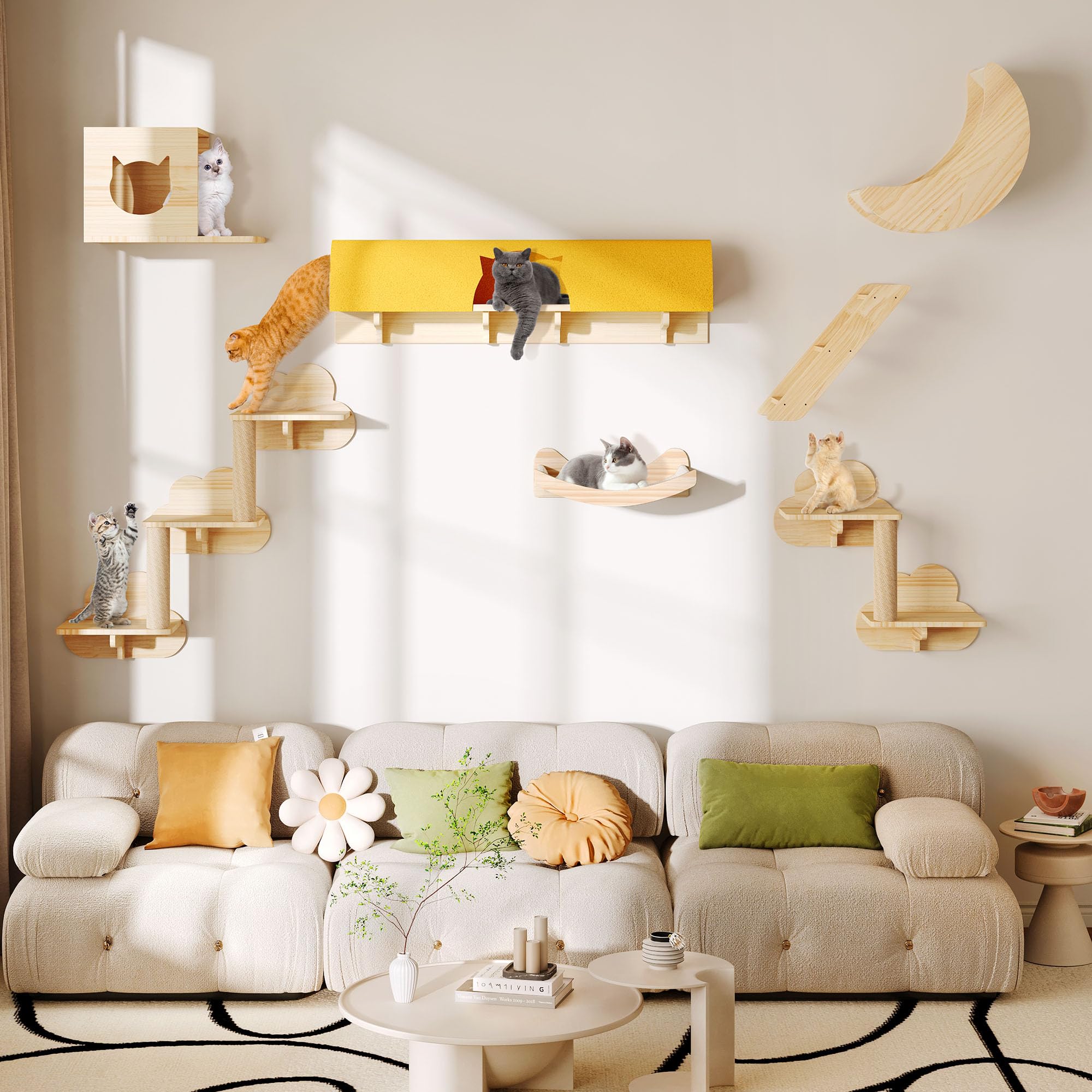 Homiflex Cat Wall Shelves and Perches, Solid Wood Wall Mounted Cat Furniture, Set of 13 Cat Climbing Shelves with Moon Hammock,
