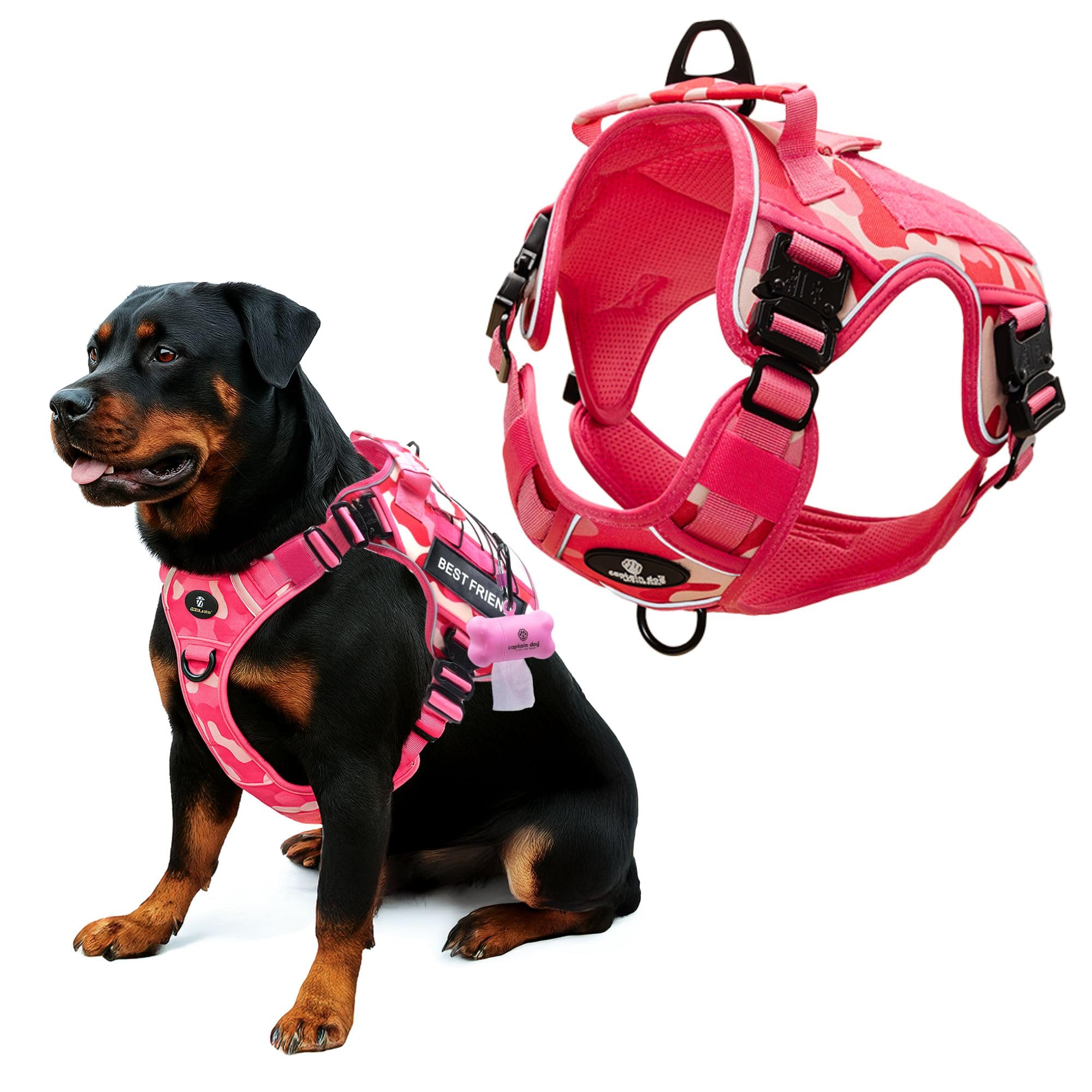 Xxl Reflective Xdog Vest No Pull With 4 Metal Buckles & Double Stitching Captain Dog - Pink Camo, Xxxl Dog Harness With 2 Remove