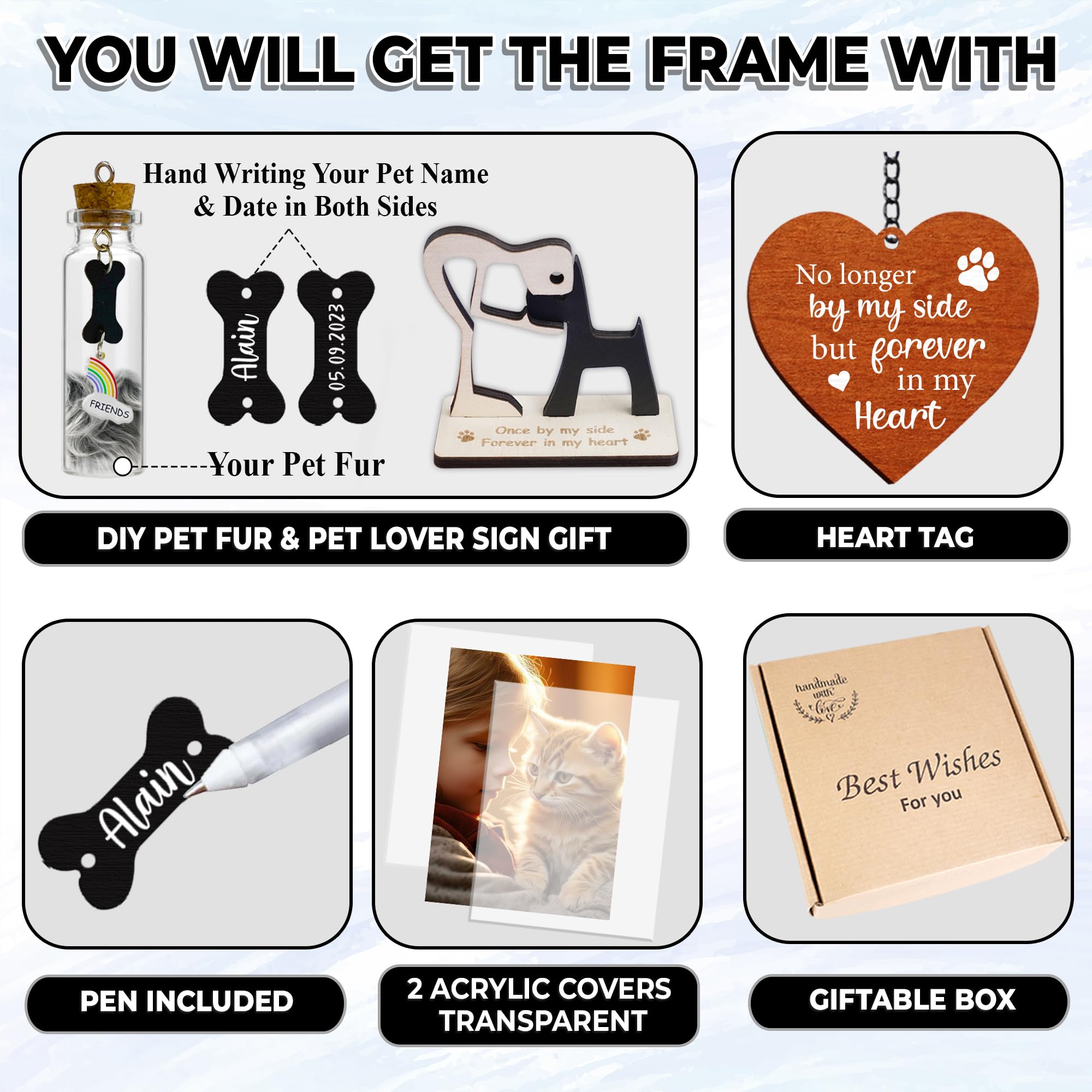 Vinatimes Wooden Rotating Pet Memorial Frame, 4x6, Walnut, Cat/Dog Keepsake, In Loving Memory, Heart Tag, Fur Jar, Sympathy Gift