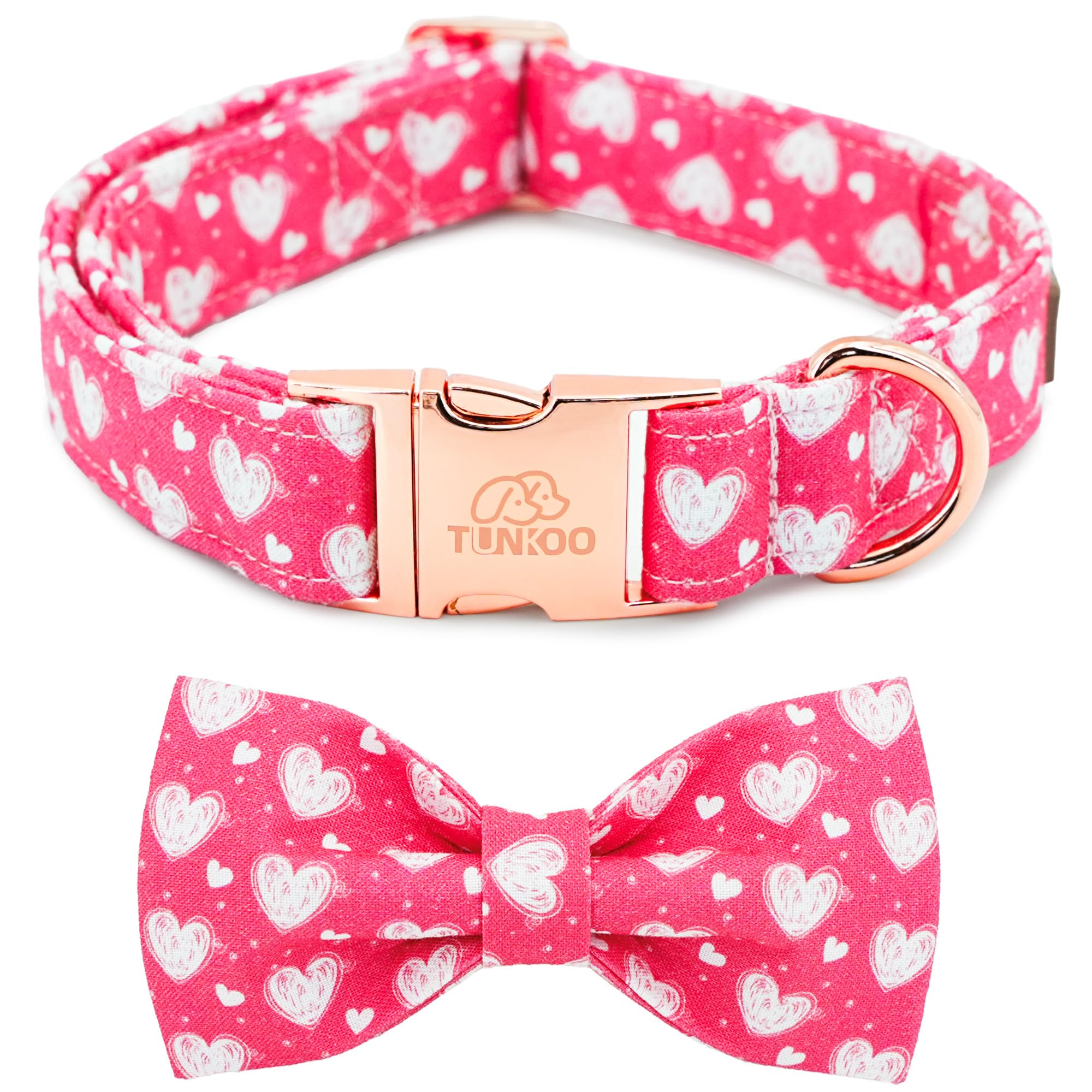 Tunkoo Valentine'S Day Pink Dog Collar With Cute Bow Tie Heart Print Design, Premium Metal Buckle Adjustable For Small Medium La