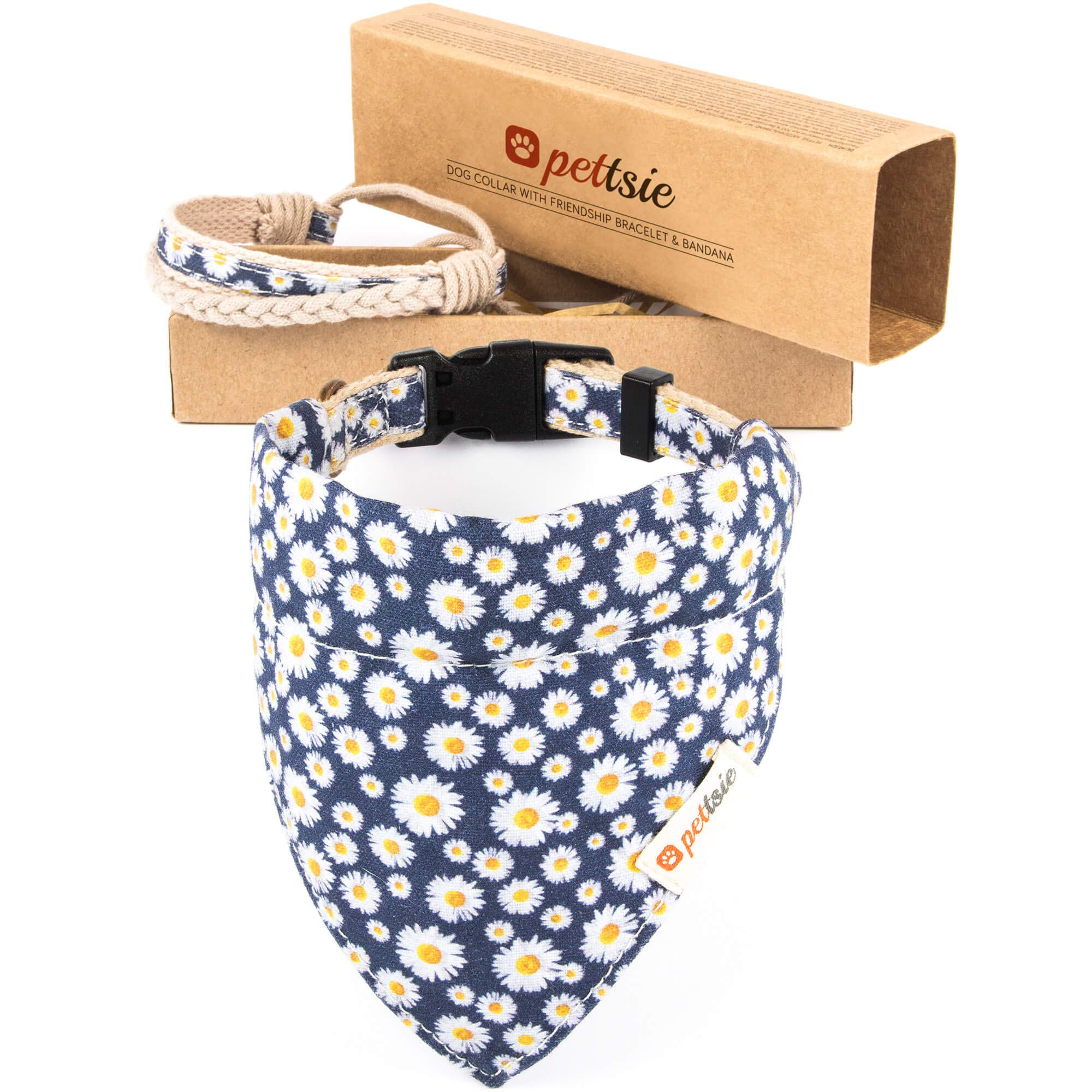 Pettsie Matching Dog Collar, Bandana, Friendship Bracelet, Gift Box, Durable Hemp, 4 Adjustable Sizes, Comfortable And Soft For Sensitive Skin, Strong D-Ring For Easy Leash Attachment, S, Blue
