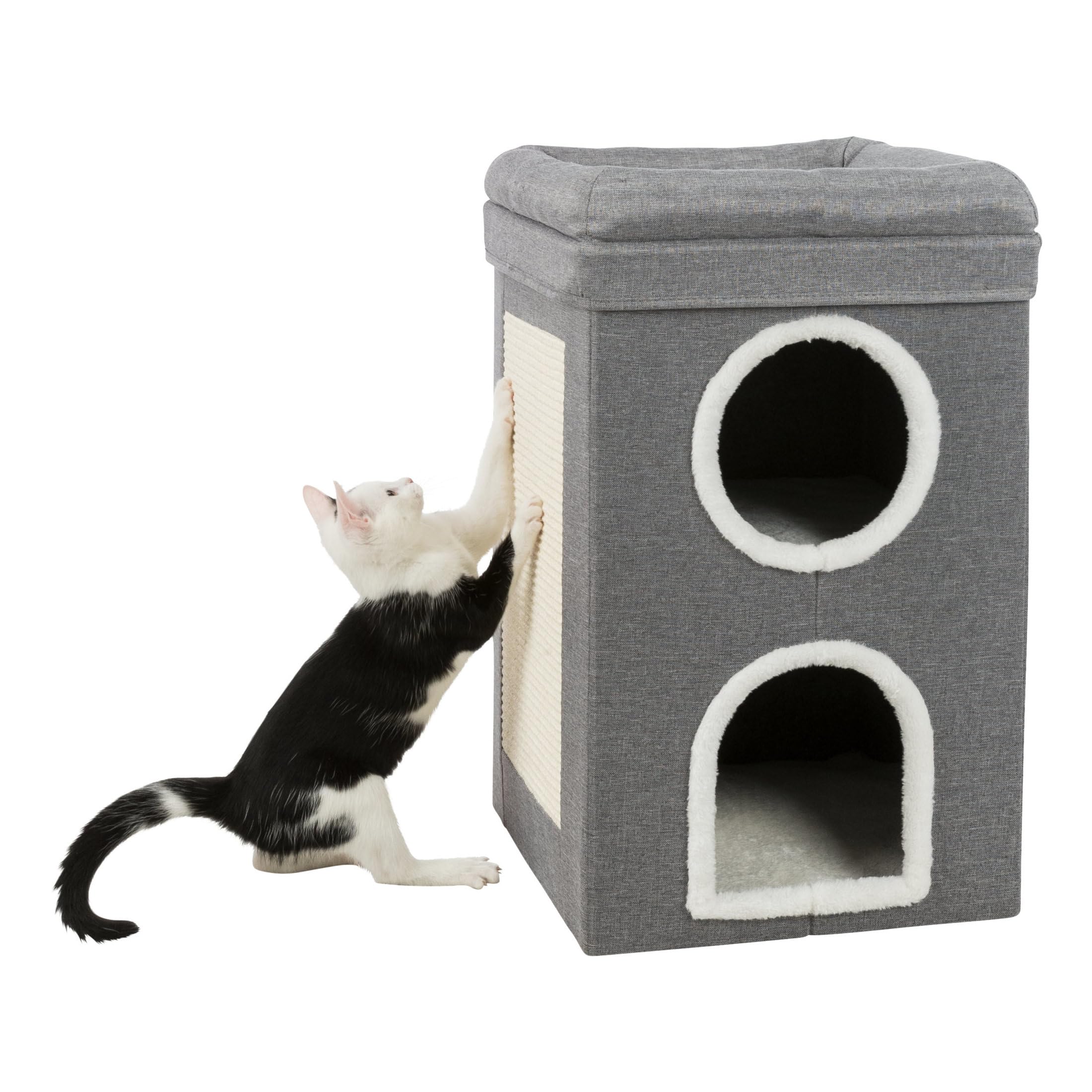 Trixie Saul Cat Condo | 2-Story Condo Tower | Scratching Surface | Foldable For Easy Storage | Gray