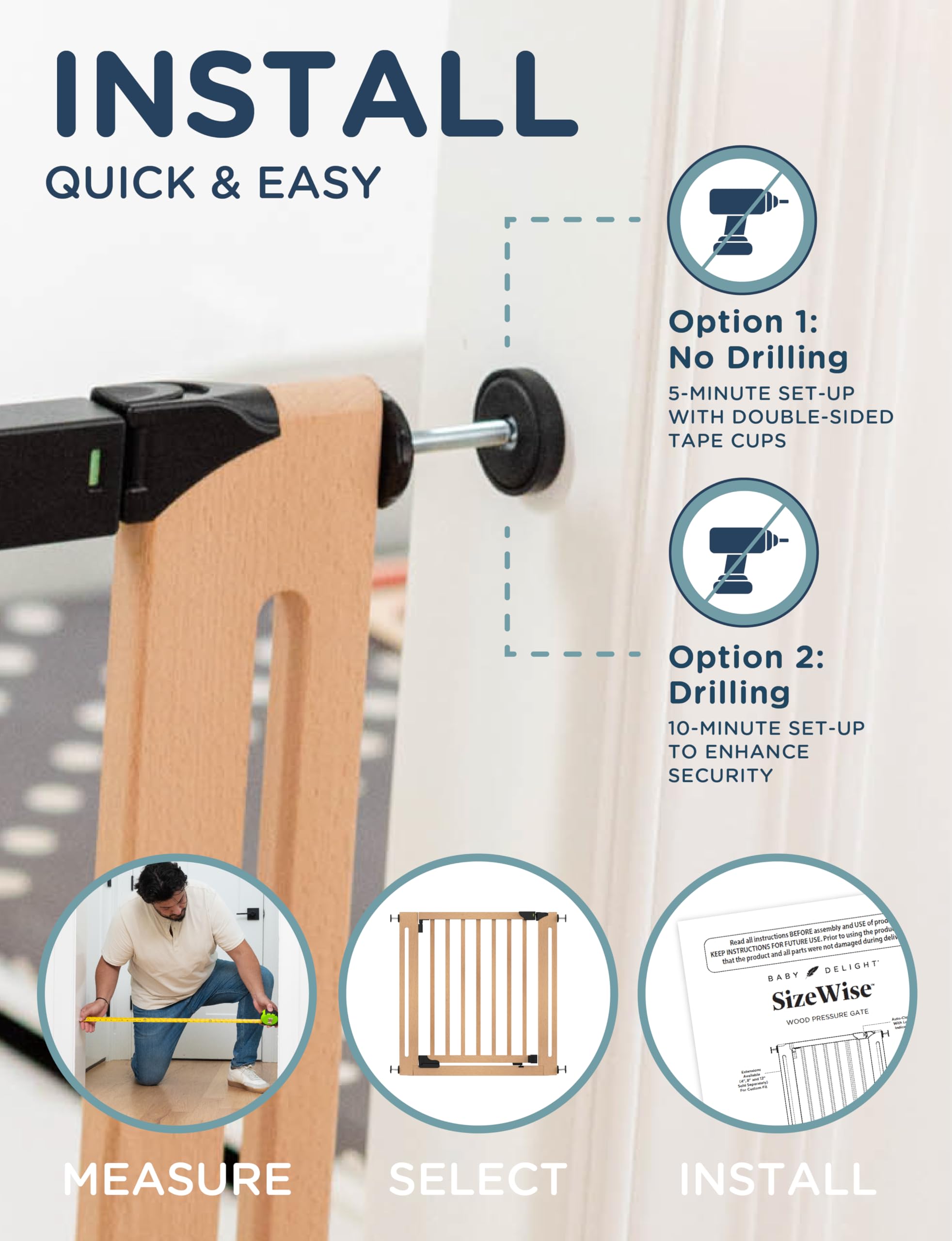 SizeWise Wood Pressure Mounted Safety Gate 27.6-31.5 | Extra-Wide Passage | Auto-Close Two-Way Opening for Doorways and Hallways