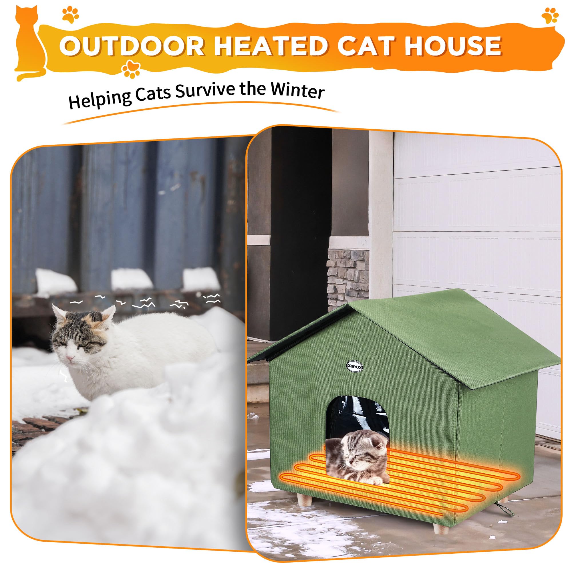 Dreyoo 2 Pack Heated Cat House Plus Size 18 X 20 X 16 Inches, Weatherproof Outdoor Cat Shelter With Heating Pad Mat, Warm Cat Ho