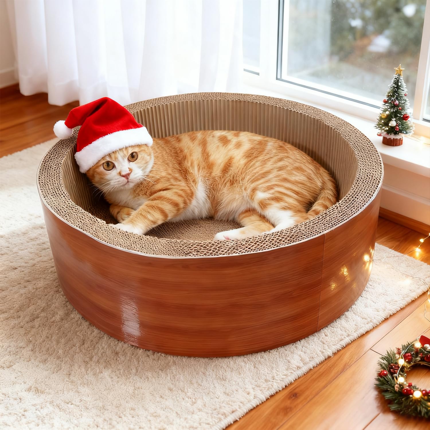 Cat Scratcher Post & Board, Round Cat Scratching Lounge Bed, Durable Pad Prevents Furniture Damage, 17.32 x 17.32x 6.11
