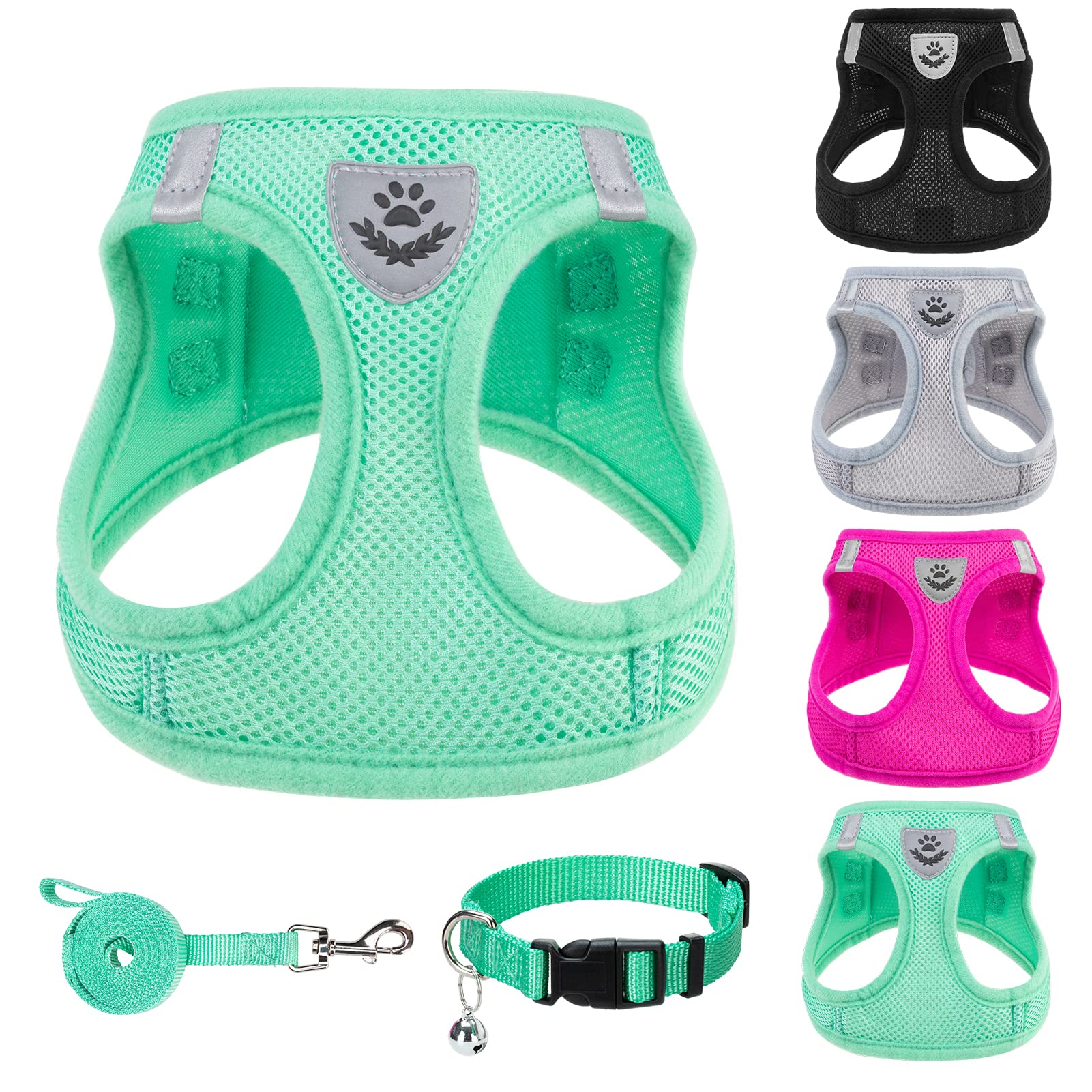 Pupteck Adjustable Dog Harness Collar And Leash Set Step In No Pull Pet Harness For Small Medium Dogs Puppy And Cats Outdoor Walking Running, Soft Mesh Padded Reflective Vest Harnesses, Solid Green M