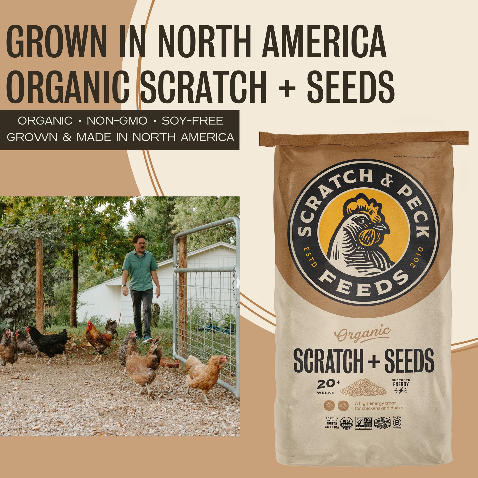 Scratch and Peck Scratch + Seeds Chicken and Duck Treat - 25 lbs Bag - 11% Protein, Certified Organic and Non-GMO Project Verifi