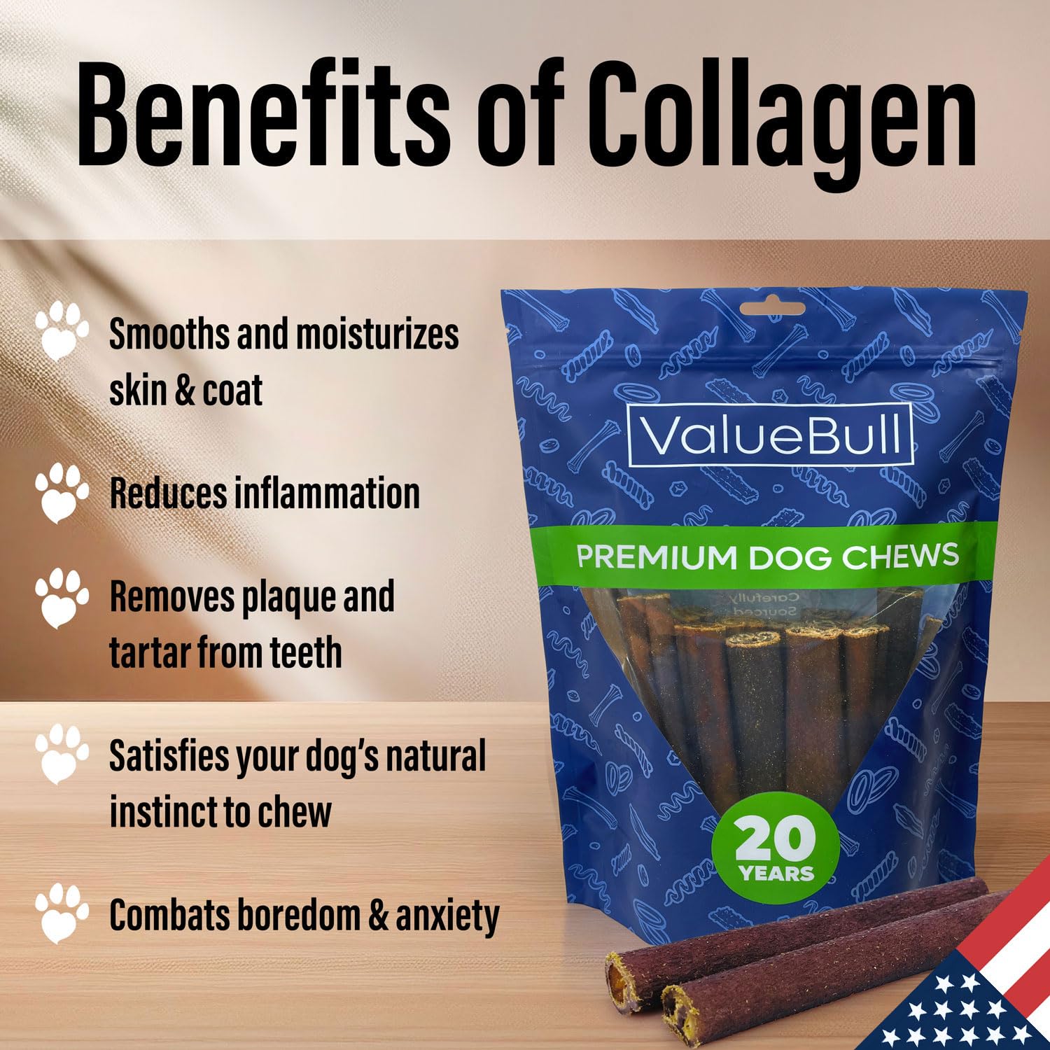 ValueBull USA Collagen Sticks for Small Dogs, 6 Inch Extra Thin Chews, Natural Dog Treats, 100 Count Bulk Pack - Promotes Joint,