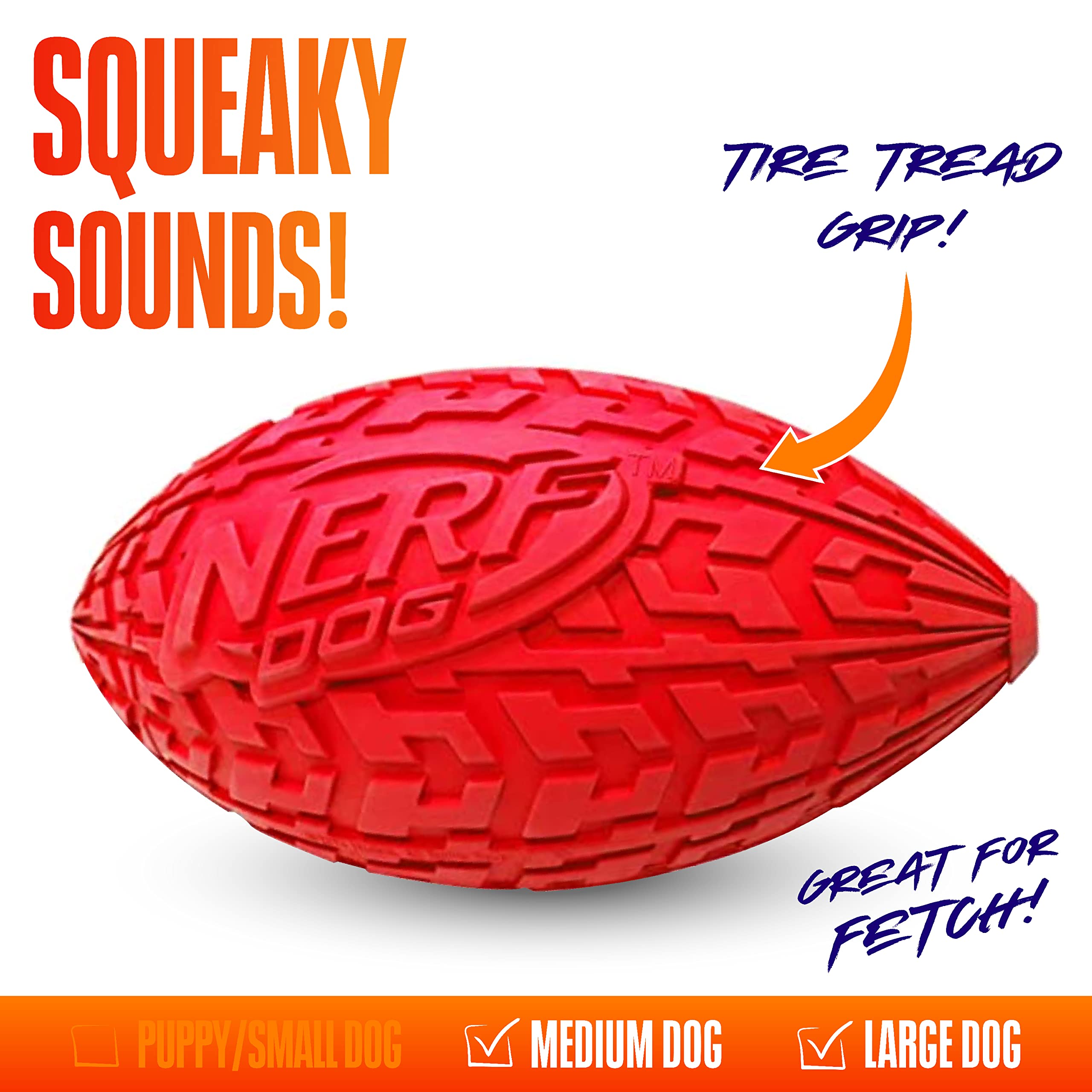 Nerf Dog Tire Football Toy - Interactive Squeaker, Durable Rubber, 6" Diameter, Red, Model 1570 for Medium/Large Breeds