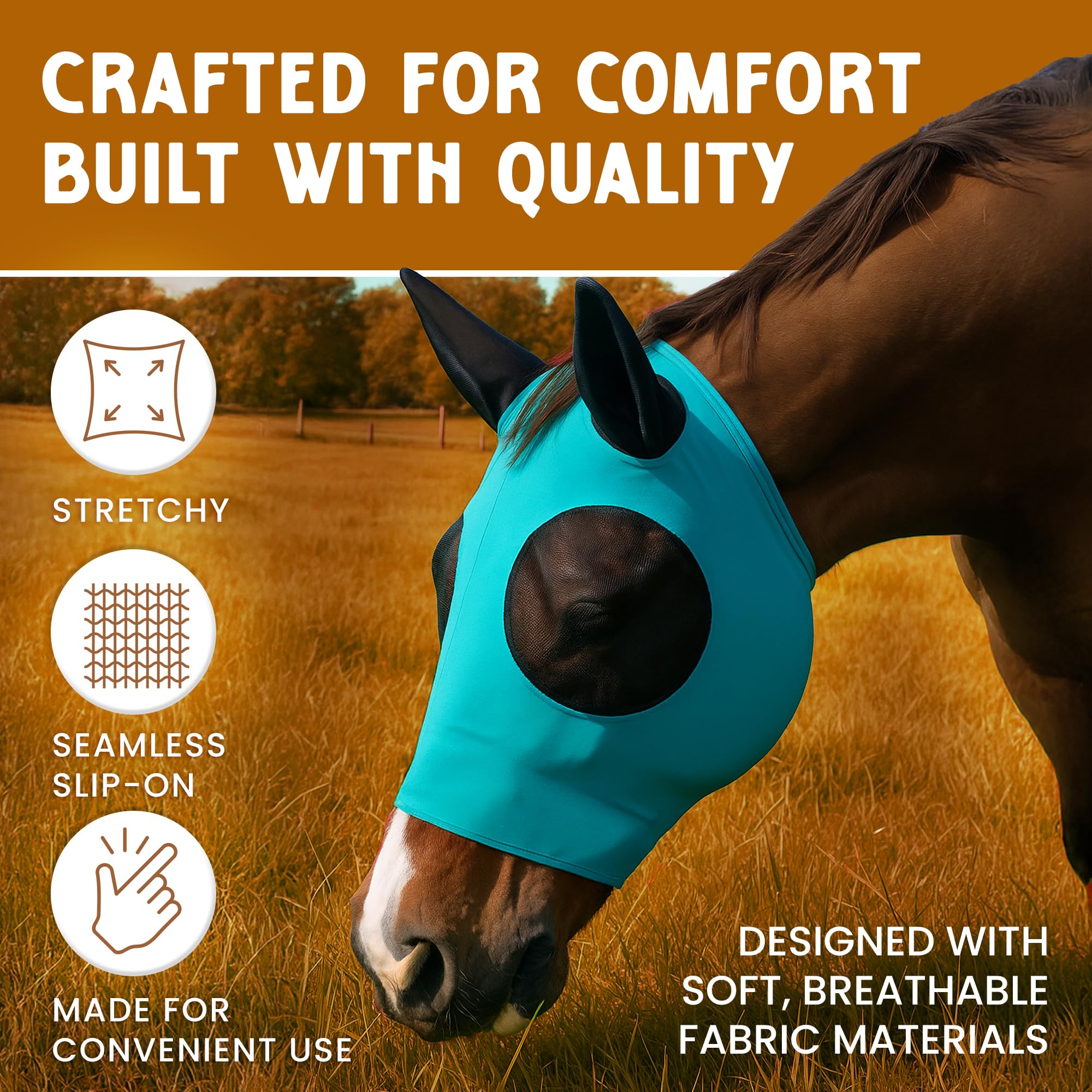 Horse Fly Mask with Ears Comfort Fit Mesh Trail Pasture Sun UV Protection (Horse, Navy Blue)