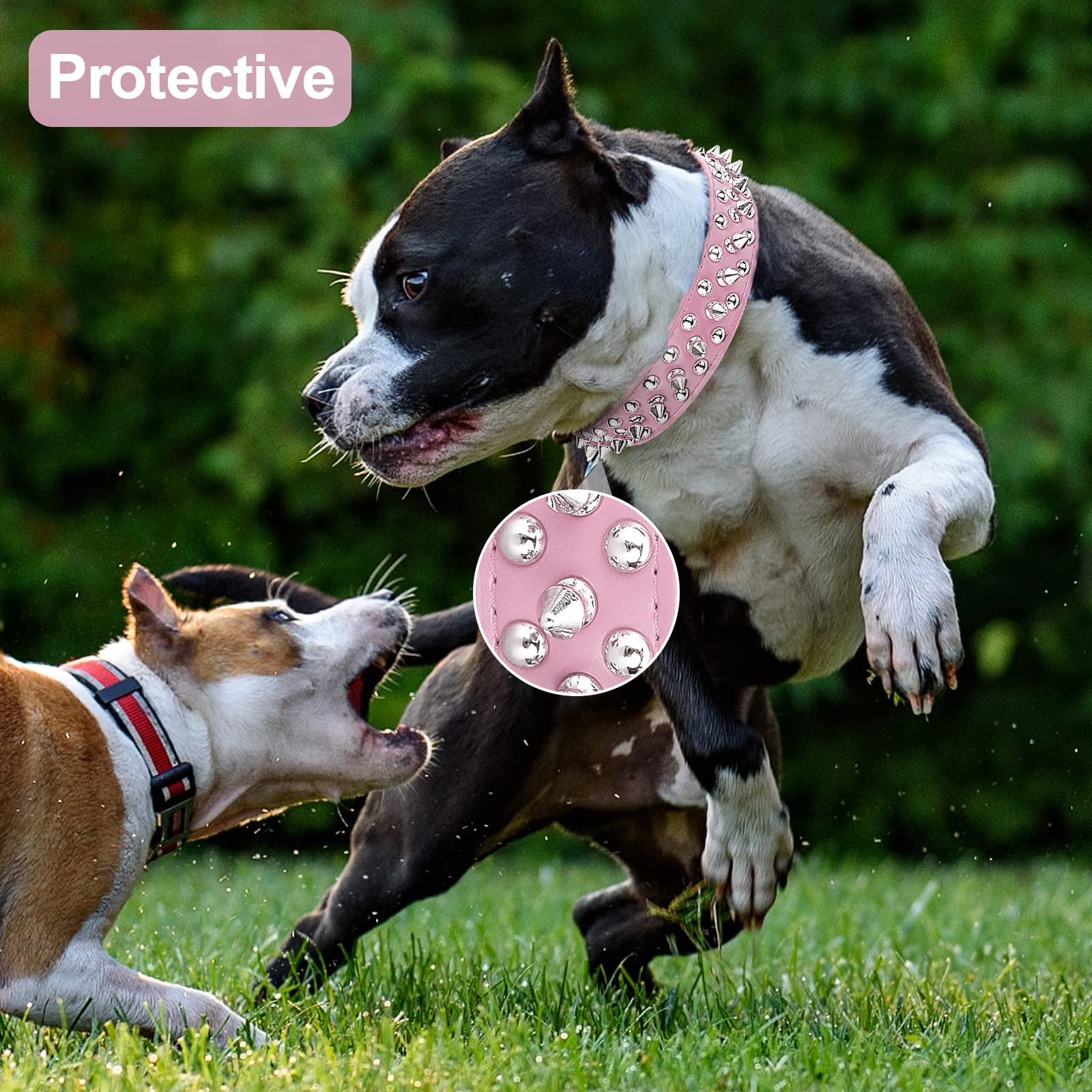 Epesiri Spiked Studded Leather Dog Collar & Leash, Pink, XXL (18.9-20.9), Durable PU Leather for Pit Bull & Large Pets
