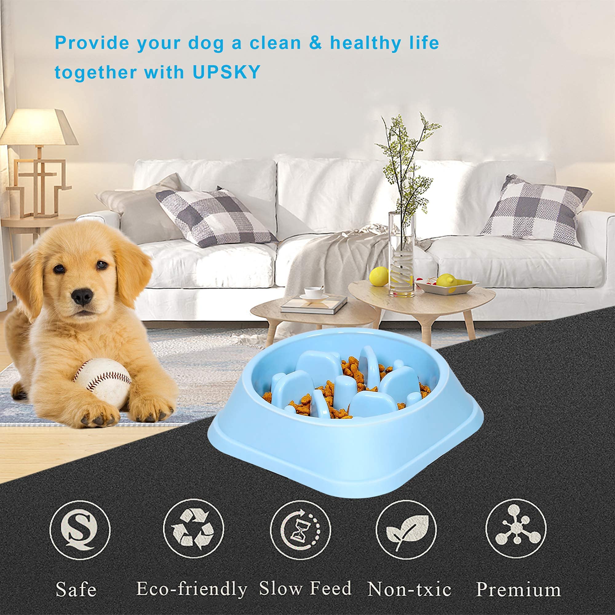 UPSKY Slow Feeder Dog Bowl - Anti-Slip Puzzle for Small/Medium Dogs (15-50 lbs) - Blue, Plastic, Model 012