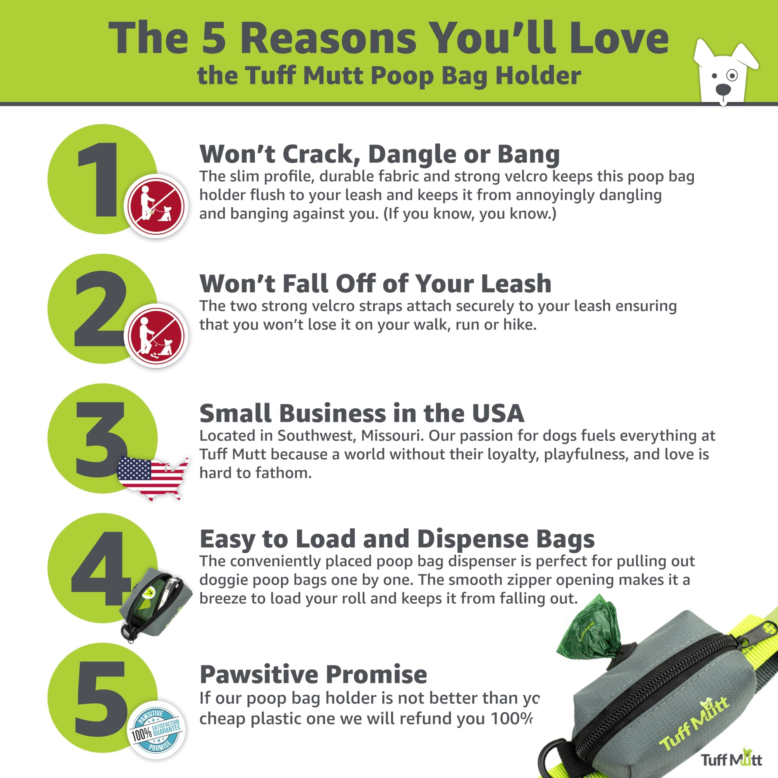 Tuff Mutt Dog Poop Bag Holder for Leash, Accessory For All Leashes, Lightweight Doggie Poop Bag Dispenser Allows For Easy Access