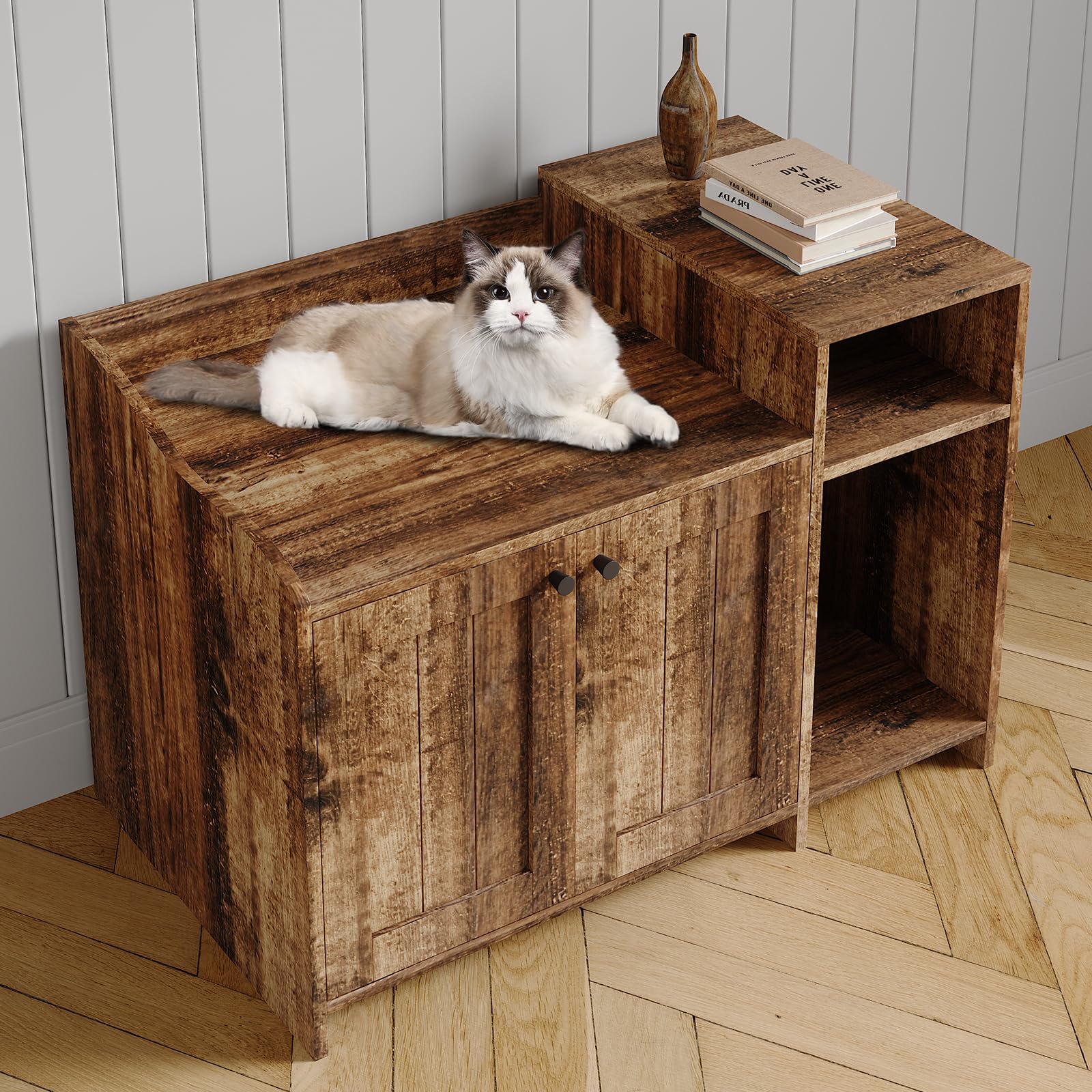 GarveeHome Cat Litter Box Enclosure with Storage Shelve Adn Wooden Barn Door, Hidden Litter Box Cabinet, End Table Style Indoor
