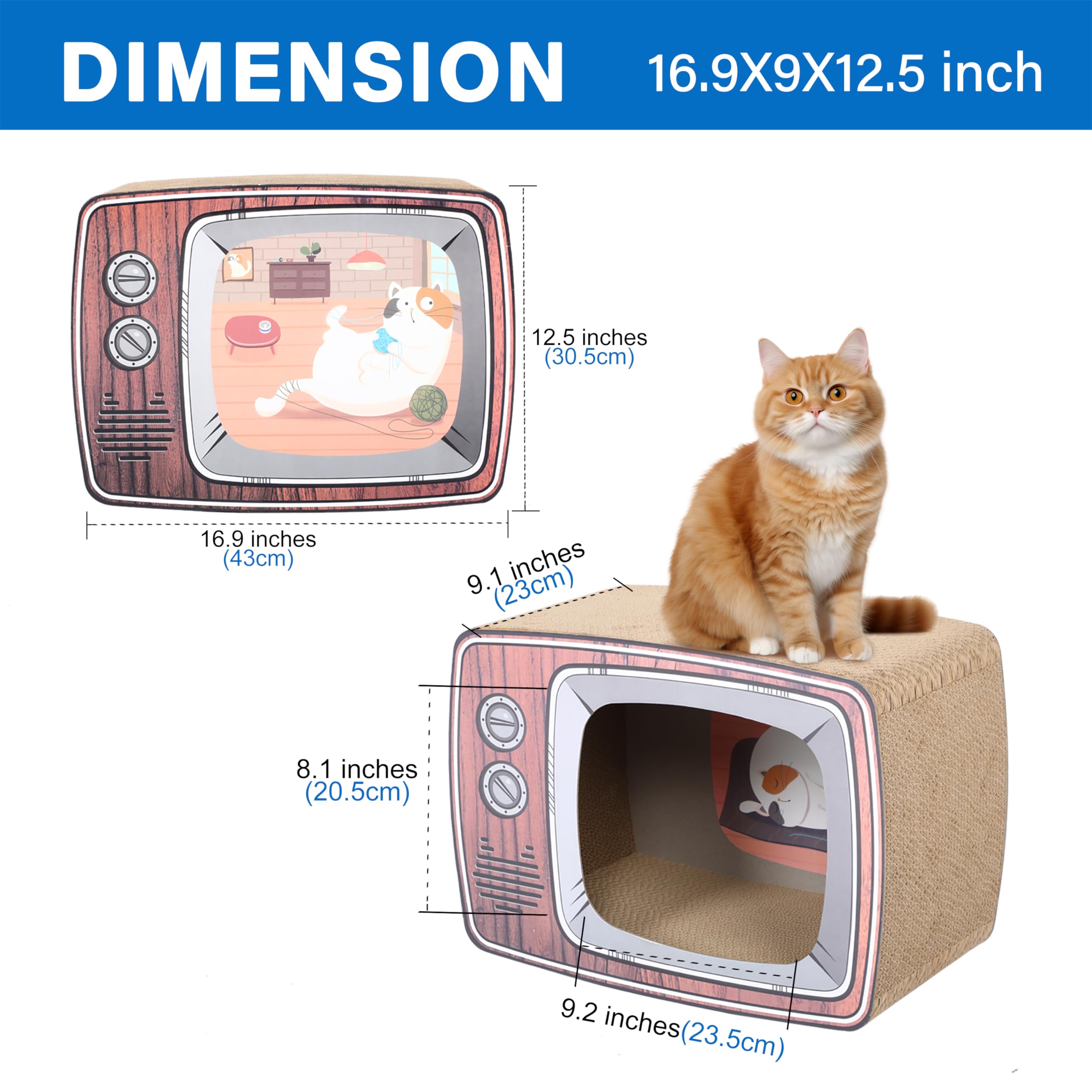 Cardboard Cat House with Scratch Pad, Corrugated Kitten Hideaway Cave, Cute Cats Condos Box, TV Shape Cat Scratching House Bed,