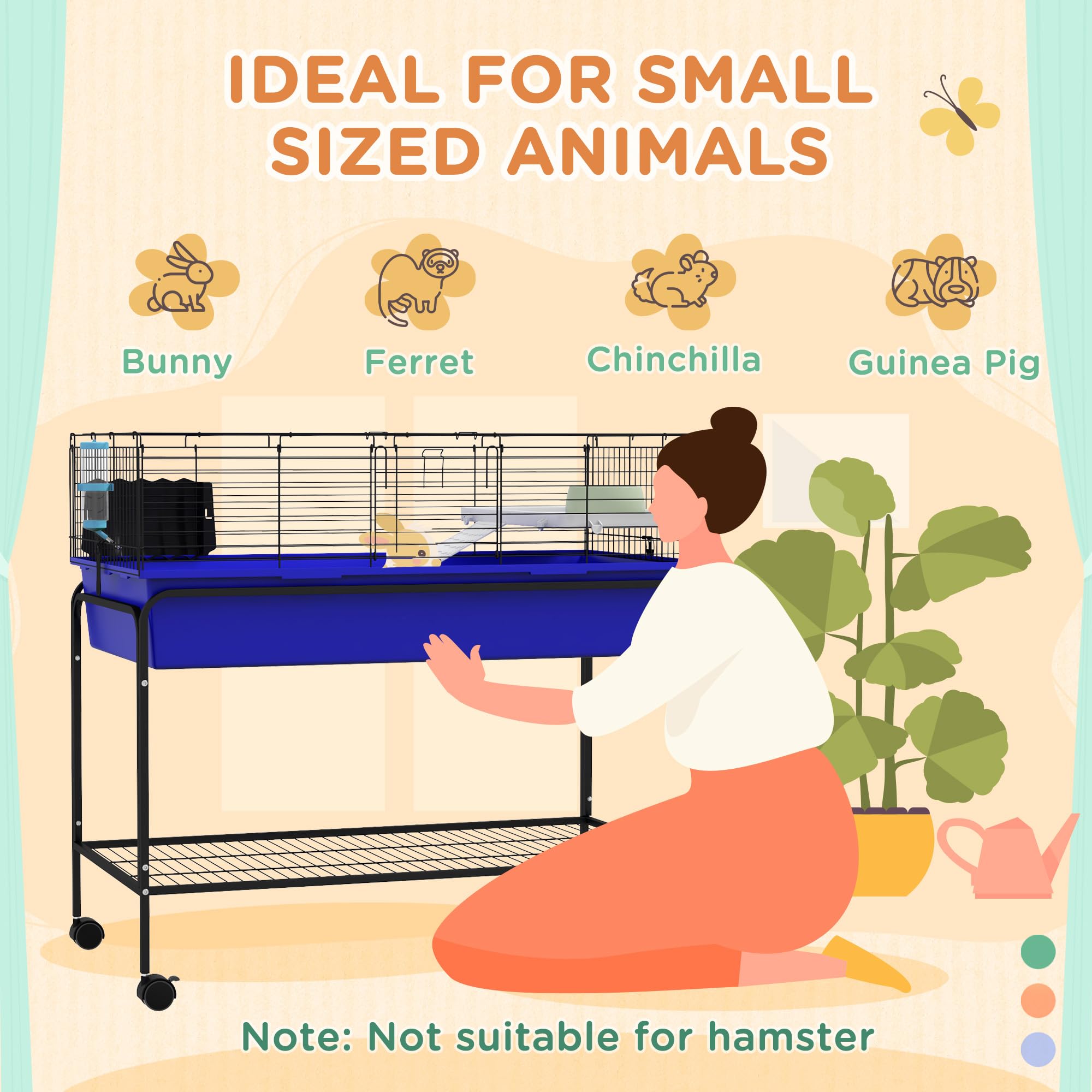 PawHut Two-Story Small Animal Cage Removable From Stand, Guinea Pig, Hedgehog, Chinchilla, Ferret Habitat With Shelf & Wheels, 3