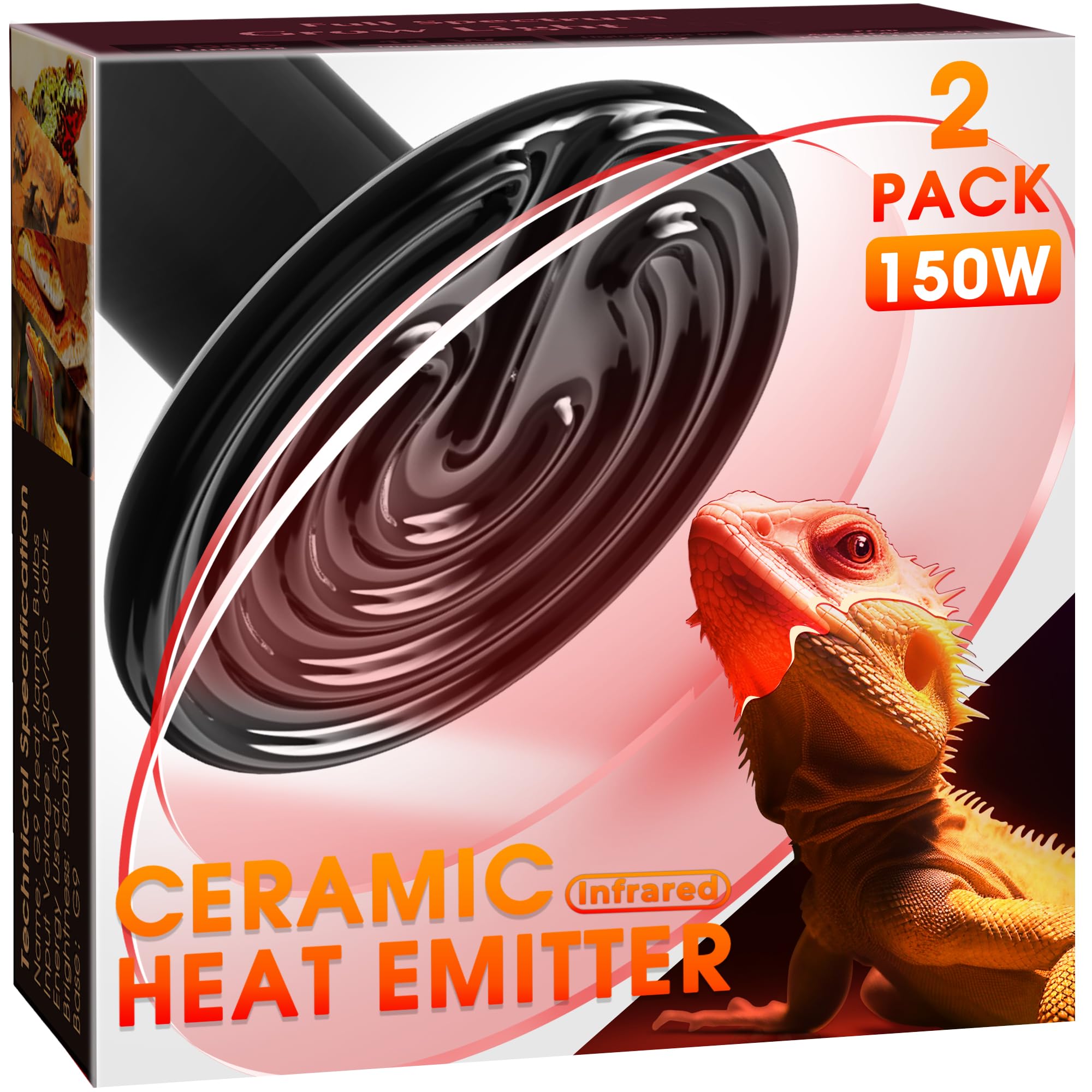 Ceramic Heat Emitter for Reptiles, 150W Heat Lamp Bulb, Ceramic Reptile Heat Bulb Black, No Light Emitting Heat Lamp for Amphibi