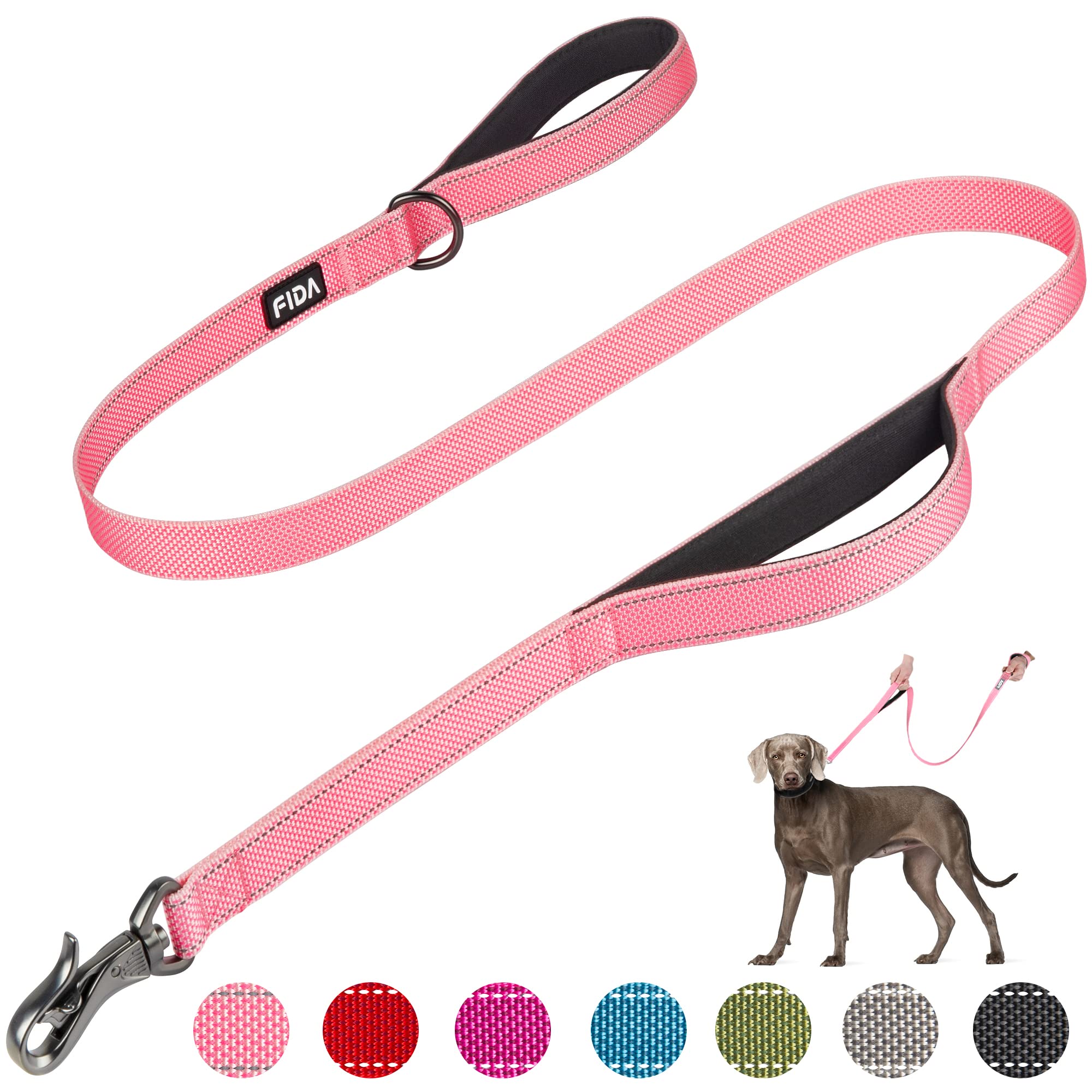 Fida 5 Ft Heavy Duty Dog Leash With 2 Comfortable Padded Handles, Traffic Handle & Advanced Easy Snap Hook, Reflective Walking Lead For Large, Medium & Small Breed Dogs, Pink