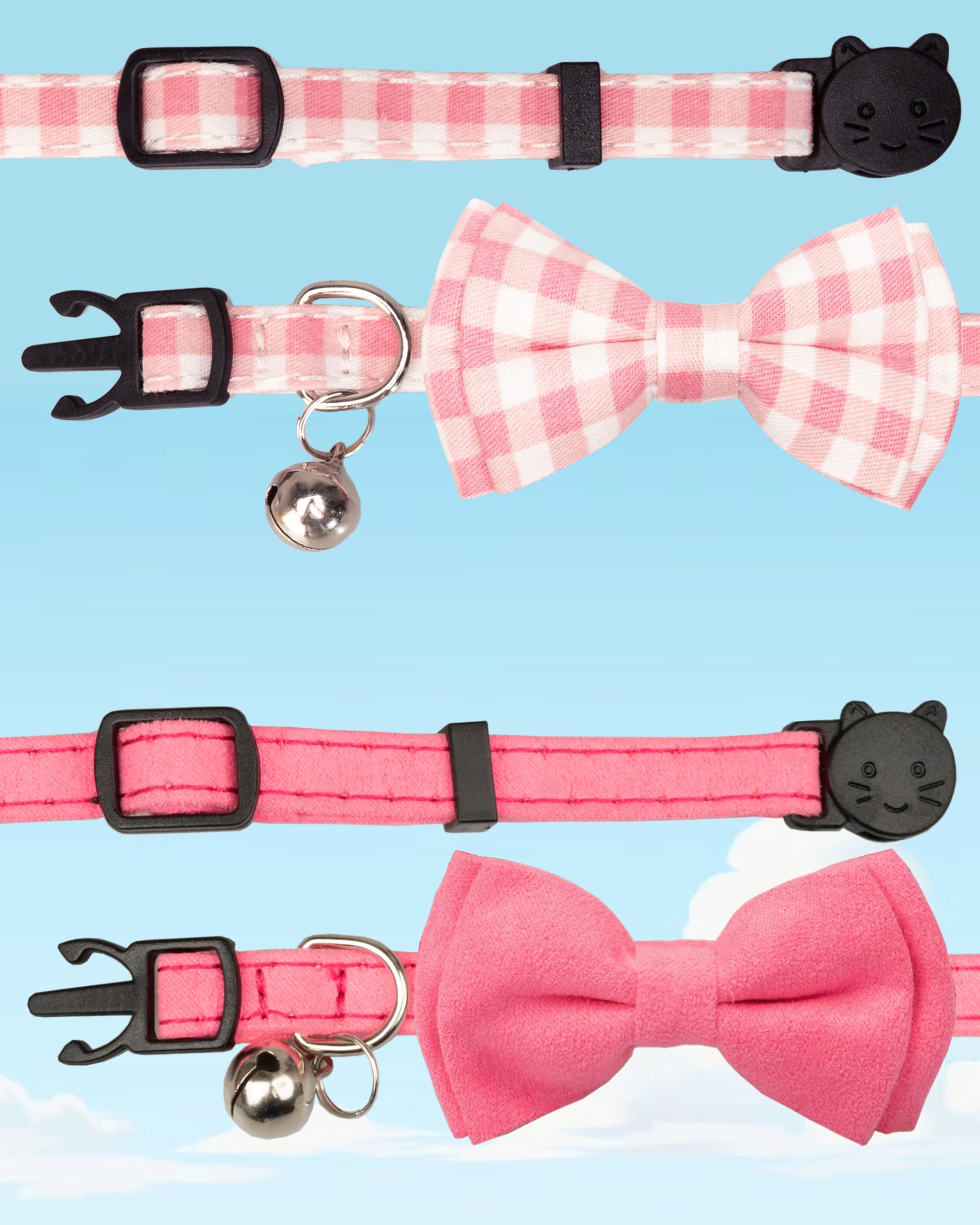 Gyapet Cat Collar Breakaway With Bell Boy Girl Kitten Bow Tie Safety Plaid Solid Color Set Cute Soft Summer [2Pcs] Pink
