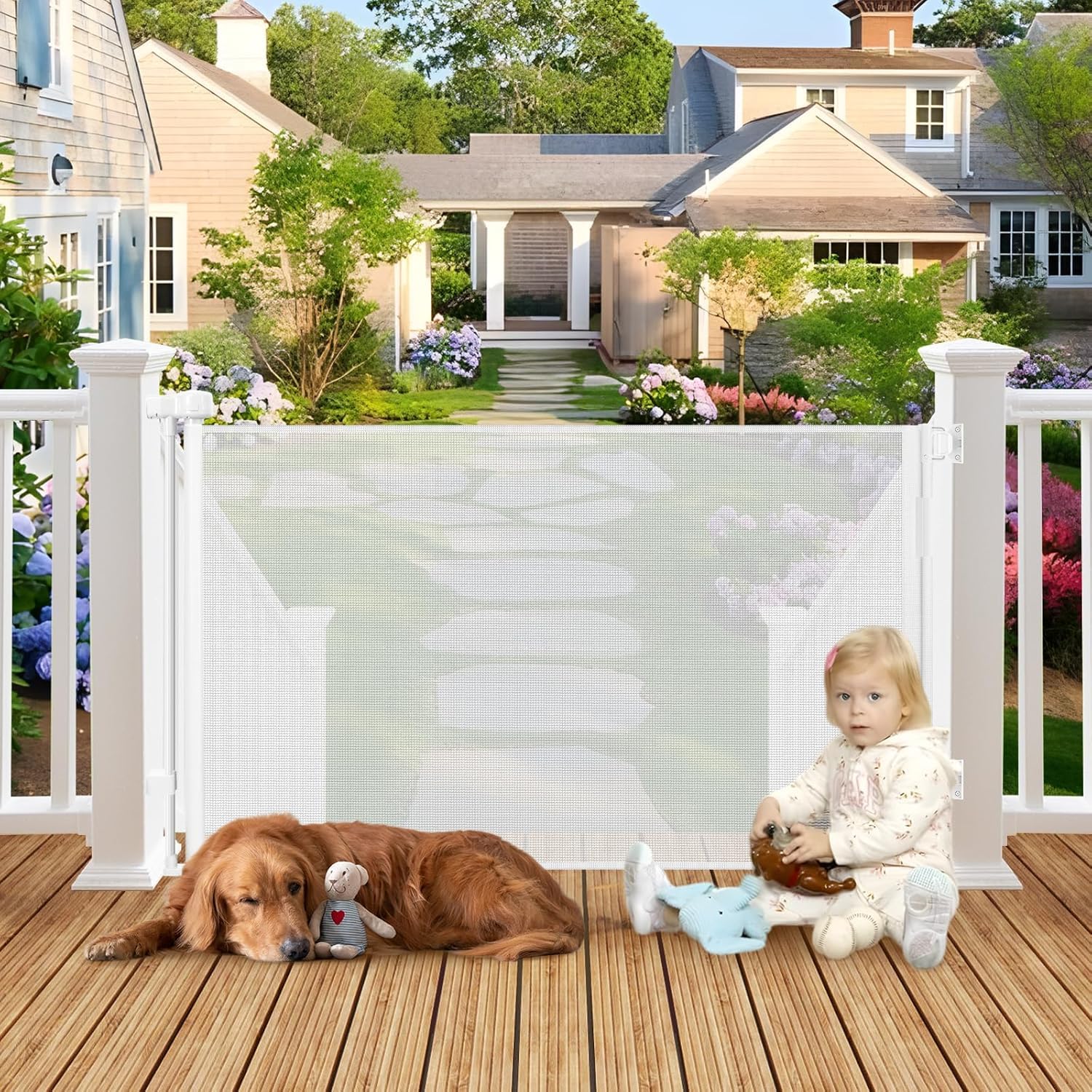 100 Wide Weatherproof Outdoor Retractable Gate for Dogs with No Rust Screws and Rods, Waterproof 8 Ft Extra Long Baby Gates for 
