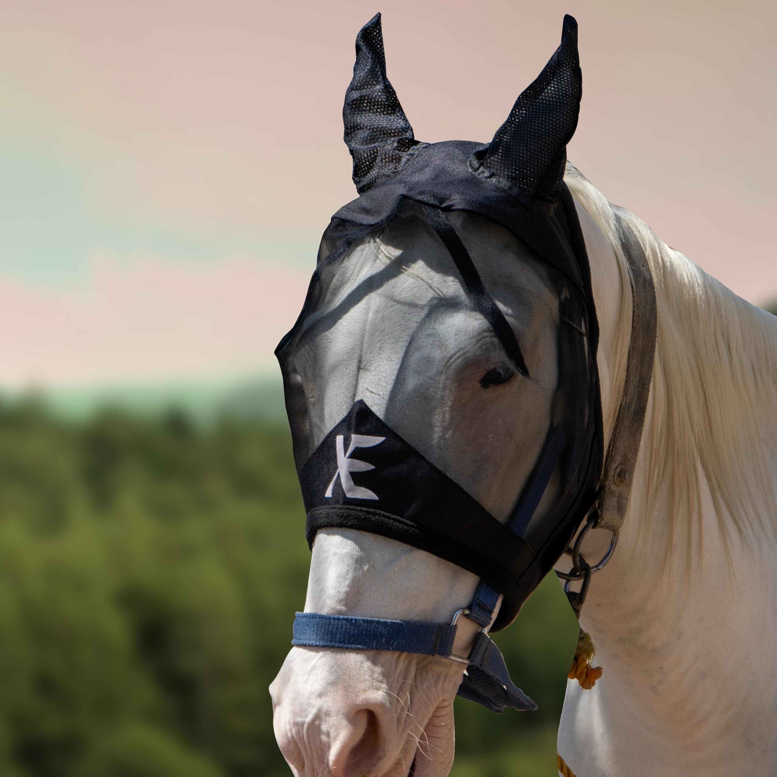XE Horse Fly Mask with Ears -Breathable Mesh Horse Mask for UV Protection and Equine Fly, Standard Equestrian Black Horse Fly Ma