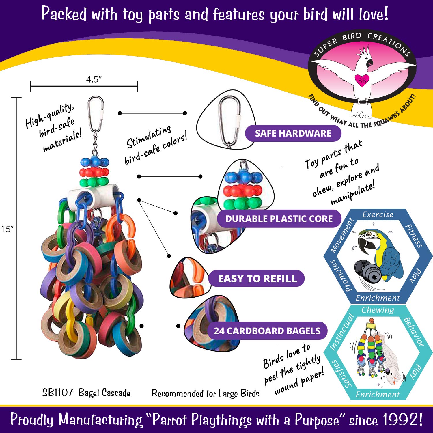 Super Bird Creations Sb1107 Bagel Cascade Bird Toy, Large Bird Size, Refillable Bagels, 15 X 4.5