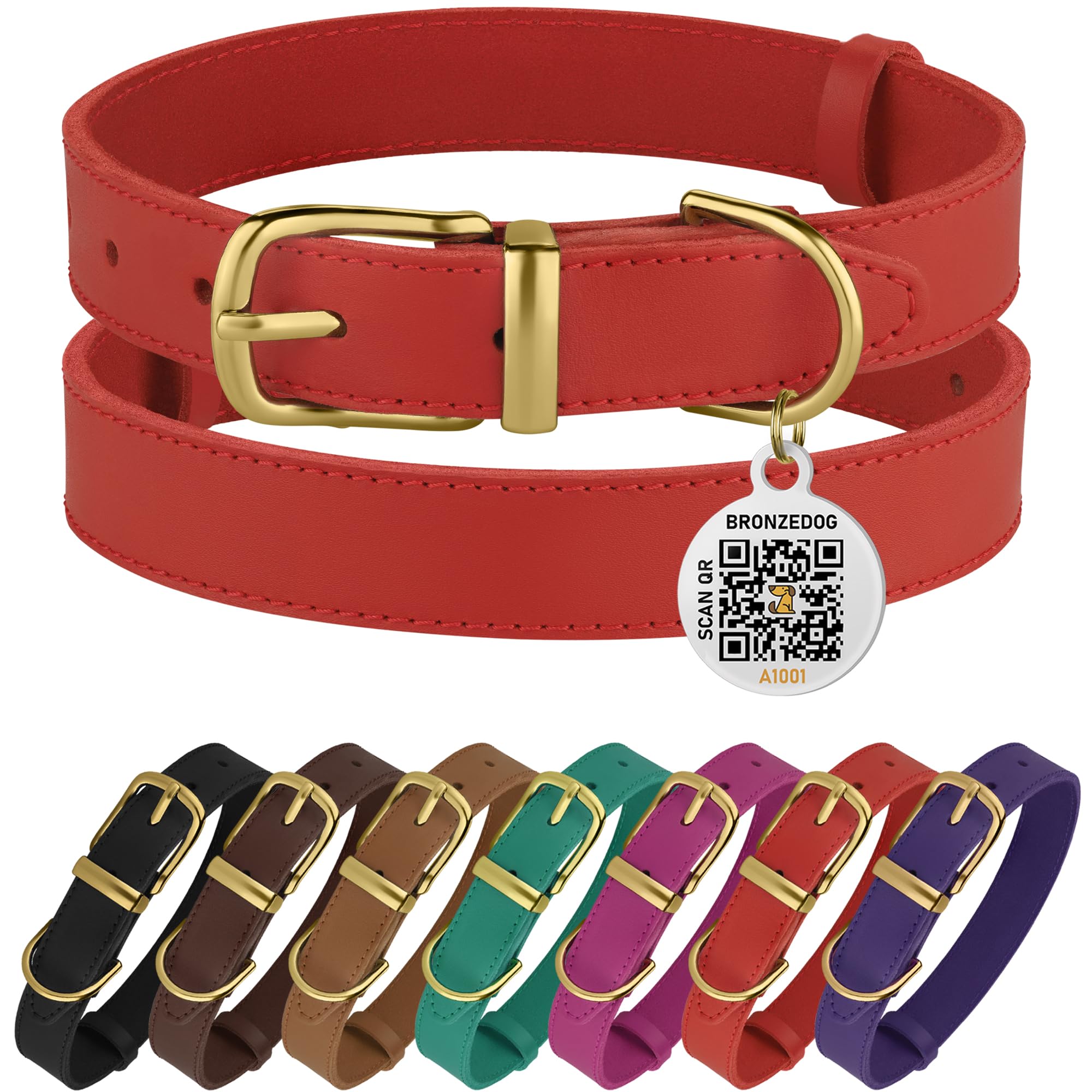 Bronzedog Leather Dog Collar With Metal Buckle Durable Basic Pet Collars For Small Medium Large Dogs (14-17 Inch (Pack Of 1), Red & Gold Buckle)
