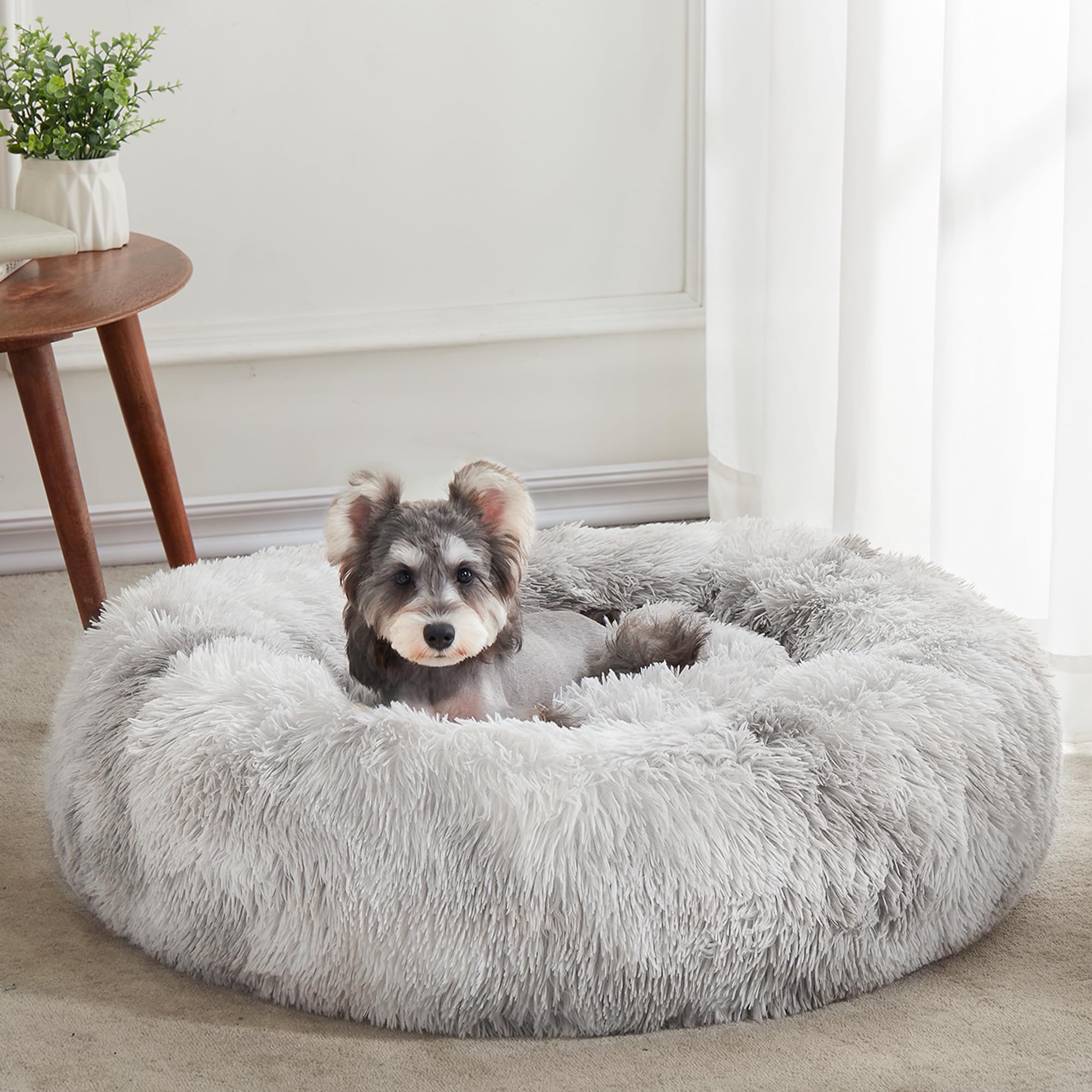 Western Home Wh Calming Dog & Cat Bed, Anti-Anxiety Donut Cuddler Warming Cozy Soft Round Bed, Fluffy Faux Fur Plush Cushion Bed For Small Medium Dogs And Cats (20'/24'/27'/30'), White Grey