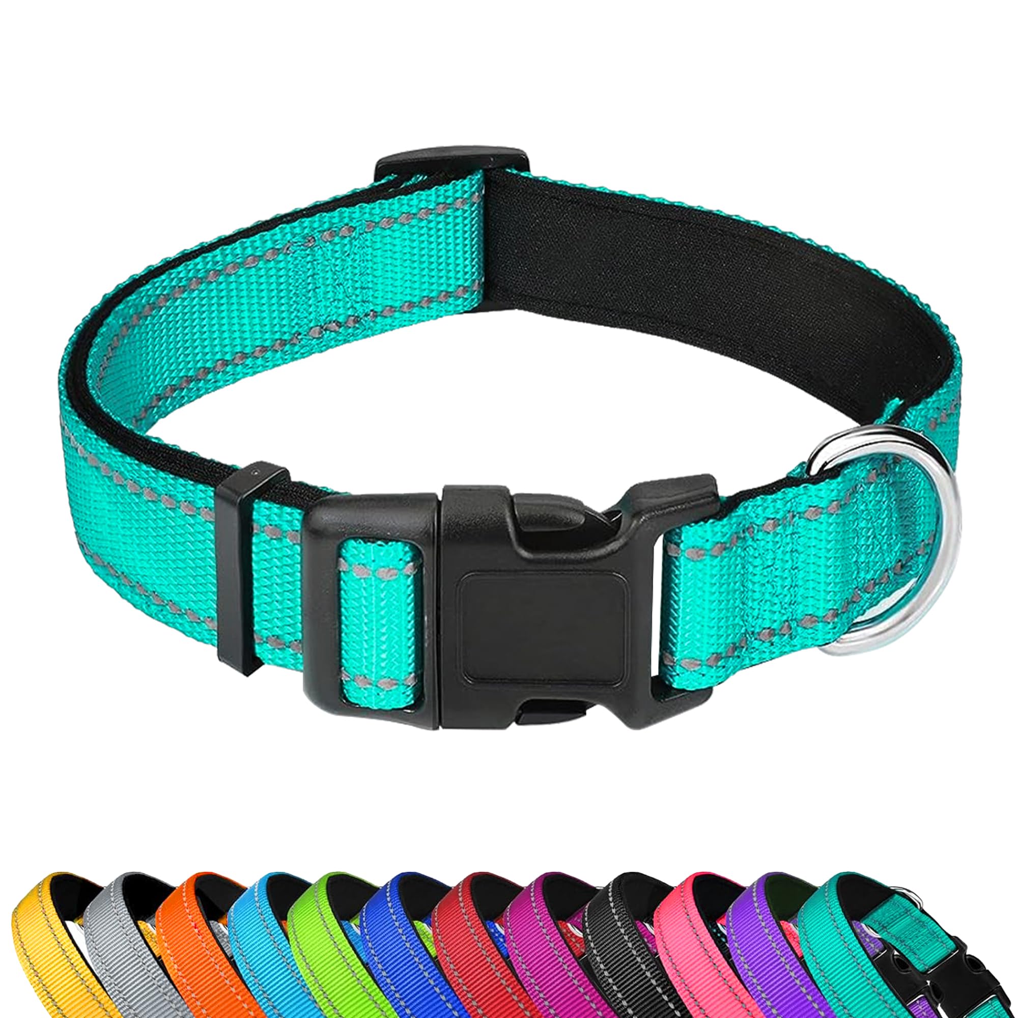 Pwod Reflective Dog Collar, Adjustable Soft Neoprene Padded Nylon Pet Collars With Buckle For Large Dogs, Turquoise,L