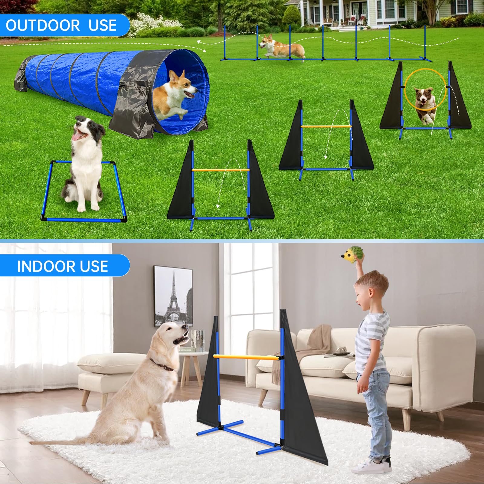 JOPAVO Dog Agility Course Set - 2x10ft Tunnels, Hurdles, Jump Ring, Weave Pole, Pause Box - Easy Setup, Blue, Model JO077