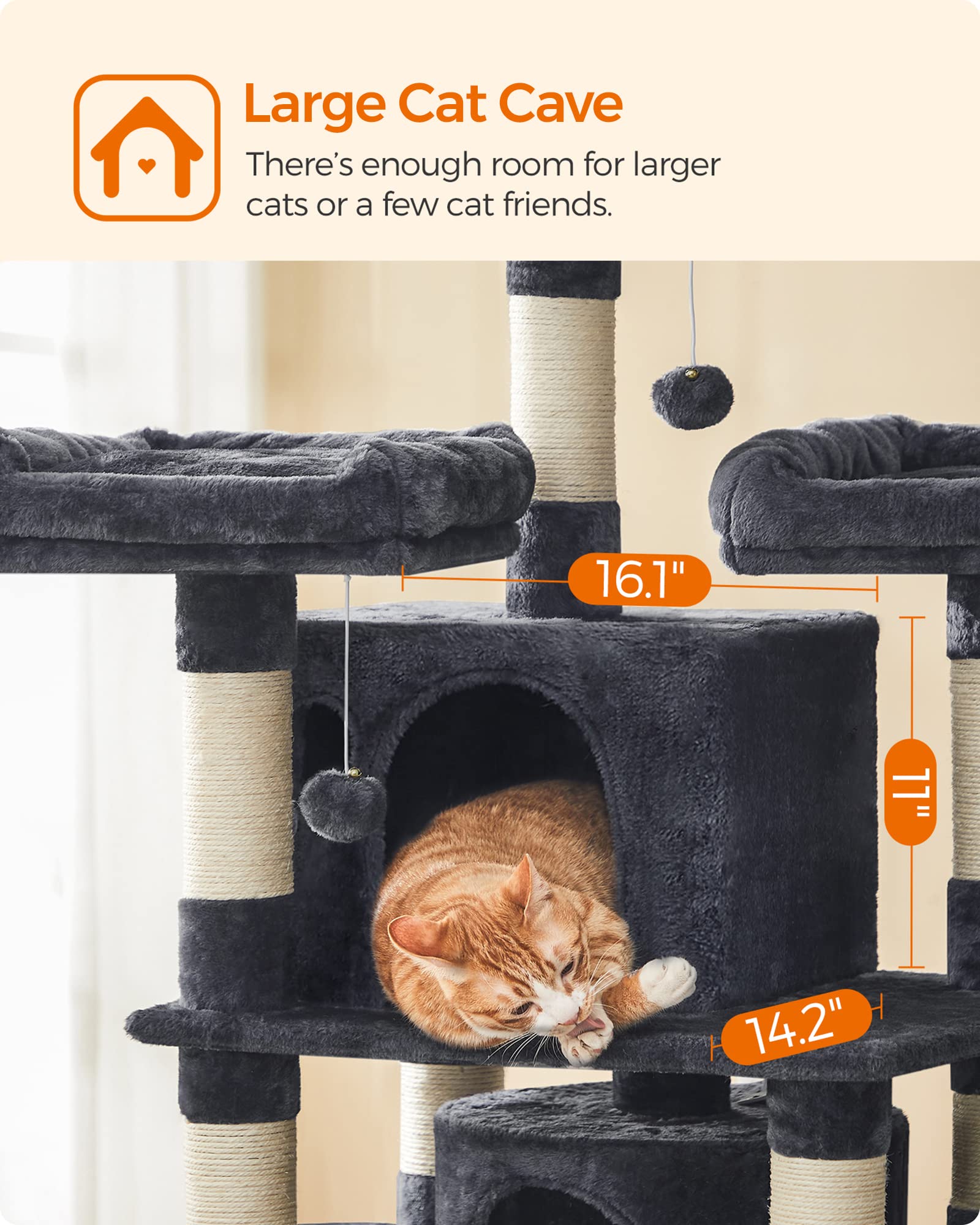 Feandrea 67-Inch Multi-Level Cat Tree for Large Cats, Smoky Gray, XL, Model UPCT18G, Durable Particleboard & Plush Fabric
